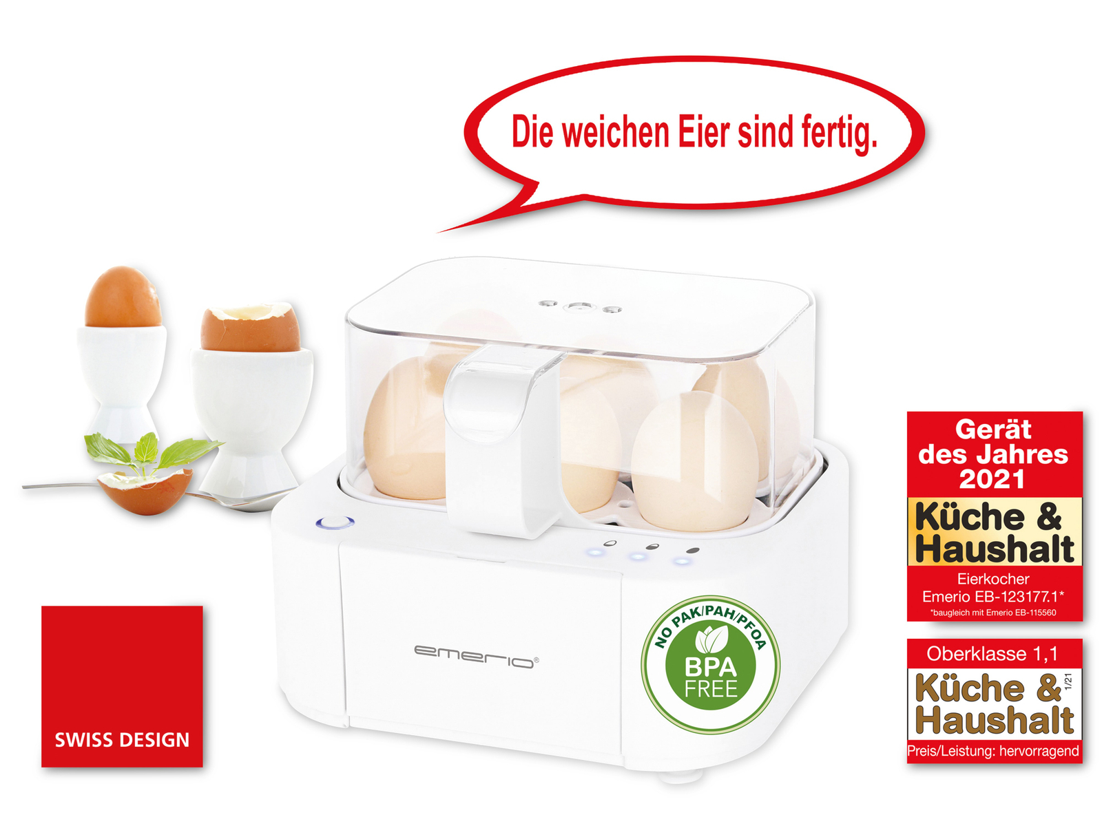 Emerio Eierkocher EB-115560 - Cuiseur à œufs Vocal Avec 3 Niveaux De Cuisson | Parfait Pour Petit-déjeuner