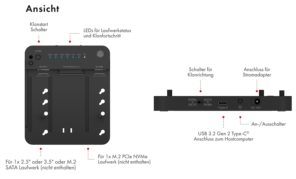 ICY BOX CloneStation & DockingStation IB-2915MSCL-C31 M.2 NVME & SATA 2.5''/3.5'' SSD/HDD