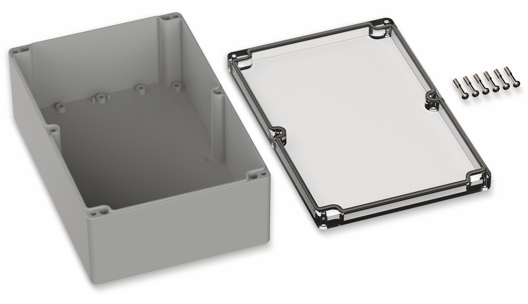 POLLIN, Polycarbonat Gehäuse, 240,3 x 160,3 x 90 mm, IP65, Lichtgrau, Glasklarer Deckel POLLIN, Polycarbonat Gehäuse, 240,3 x 160,3 x 90 mm, IP65, Lichtgrau, Glasklarer Deckel