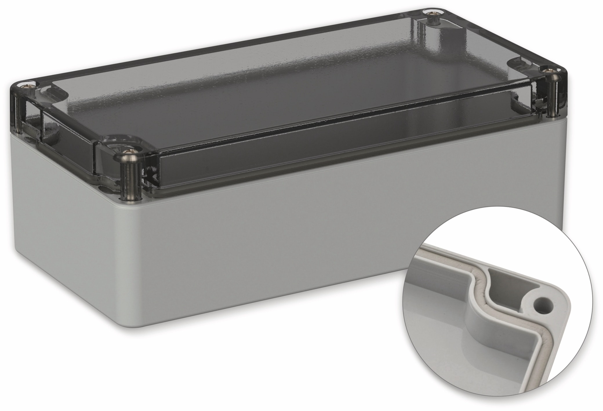 POLLIN, Polycarbonat Gehäuse, 160 x 80 x 55 mm, IP66, Lichtgrau, Glasklarer Deckel POLLIN, Polycarbonat Gehäuse, 160 x 80 x 55 mm, IP66, Lichtgrau, Glasklarer Deckel