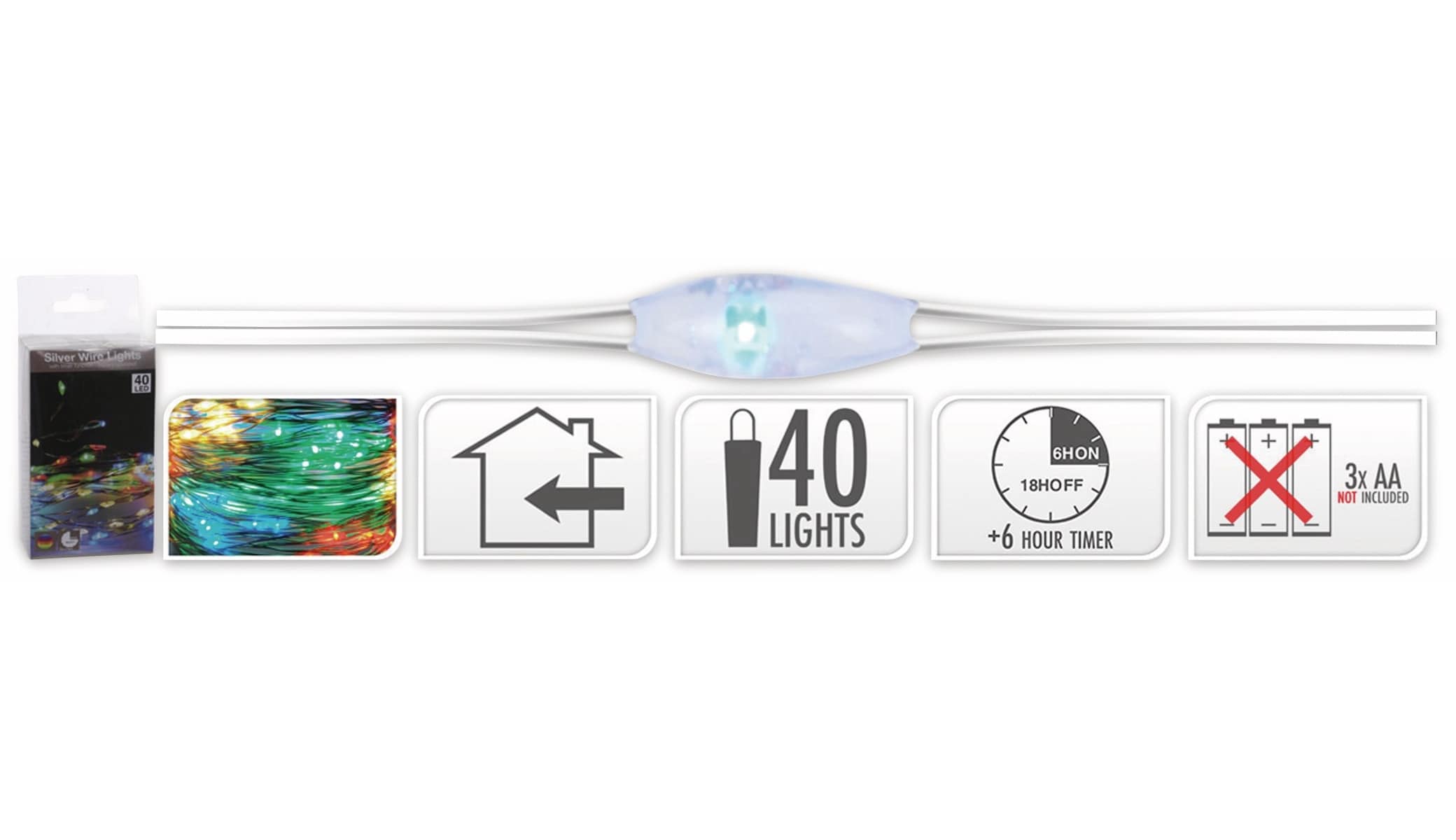 LED-Lichterkette, Silberdraht, 40 LEDs, bunt, Batteriebetrieb, Timer LED-Lichterkette, Silberdraht, 40 LEDs, bunt, Batteriebetrieb, Timer
