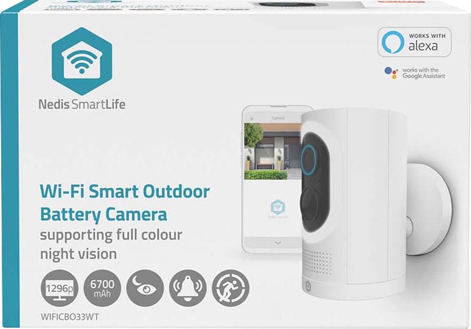 NEDIS SmartLife Außenkamera WIFICBO33WT, 3MP Full HD 1296p, IP65, kabellos, Mensch-Erkennung, Farb-Nachtsicht