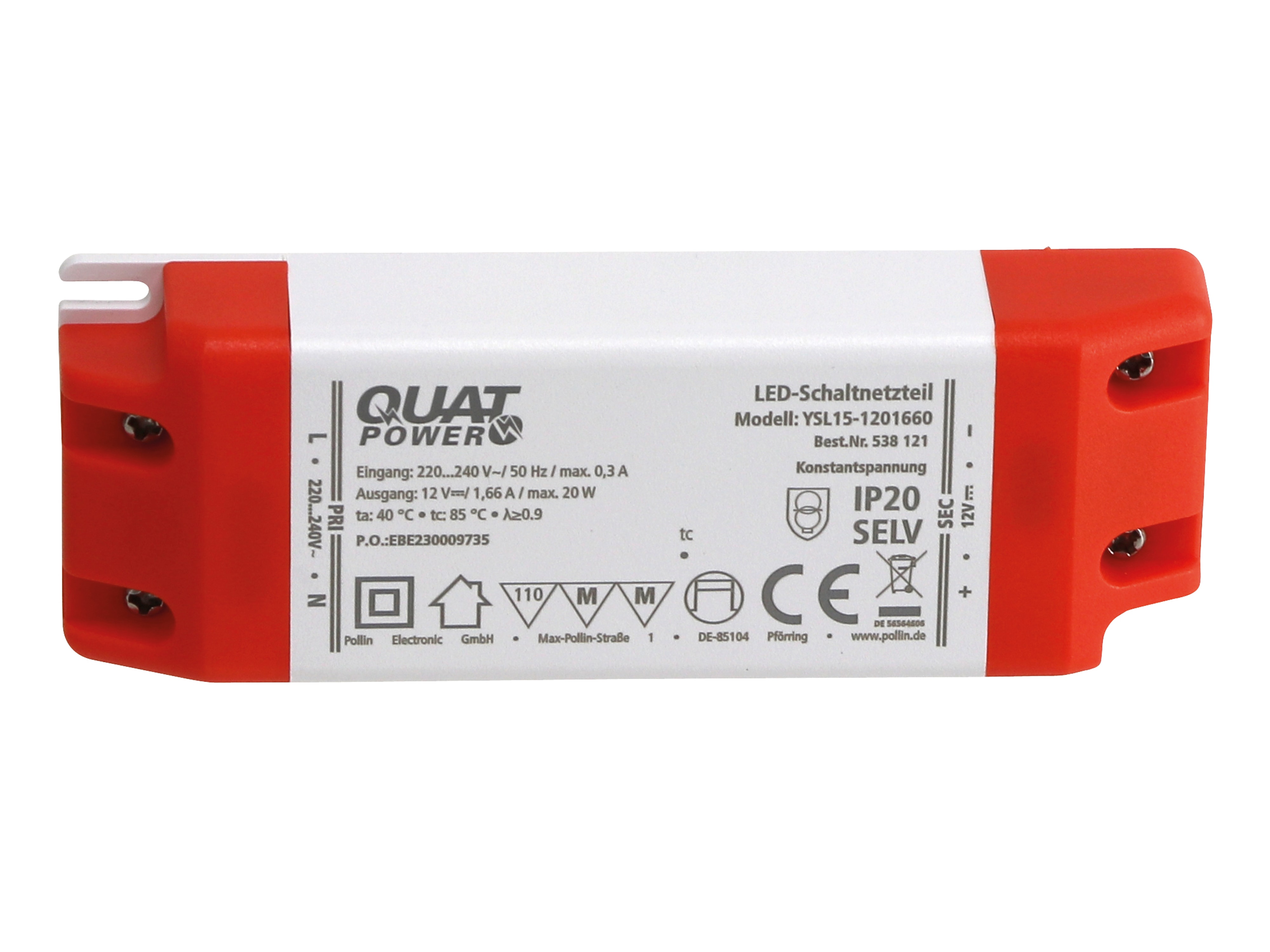 QUATPOWER LED-Schaltnetzteil YSL15-1201660, 12 V, 20 W QUATPOWER LED-Schaltnetzteil YSL15-1201660, 12 V, 20 W