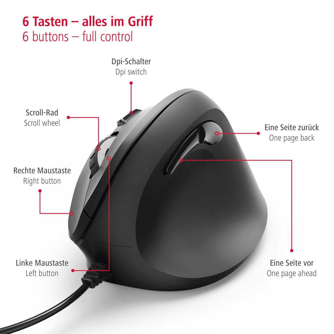 HAMA USB-Maus EMC-500, ergonomisch, 6 Tasten, schwarz