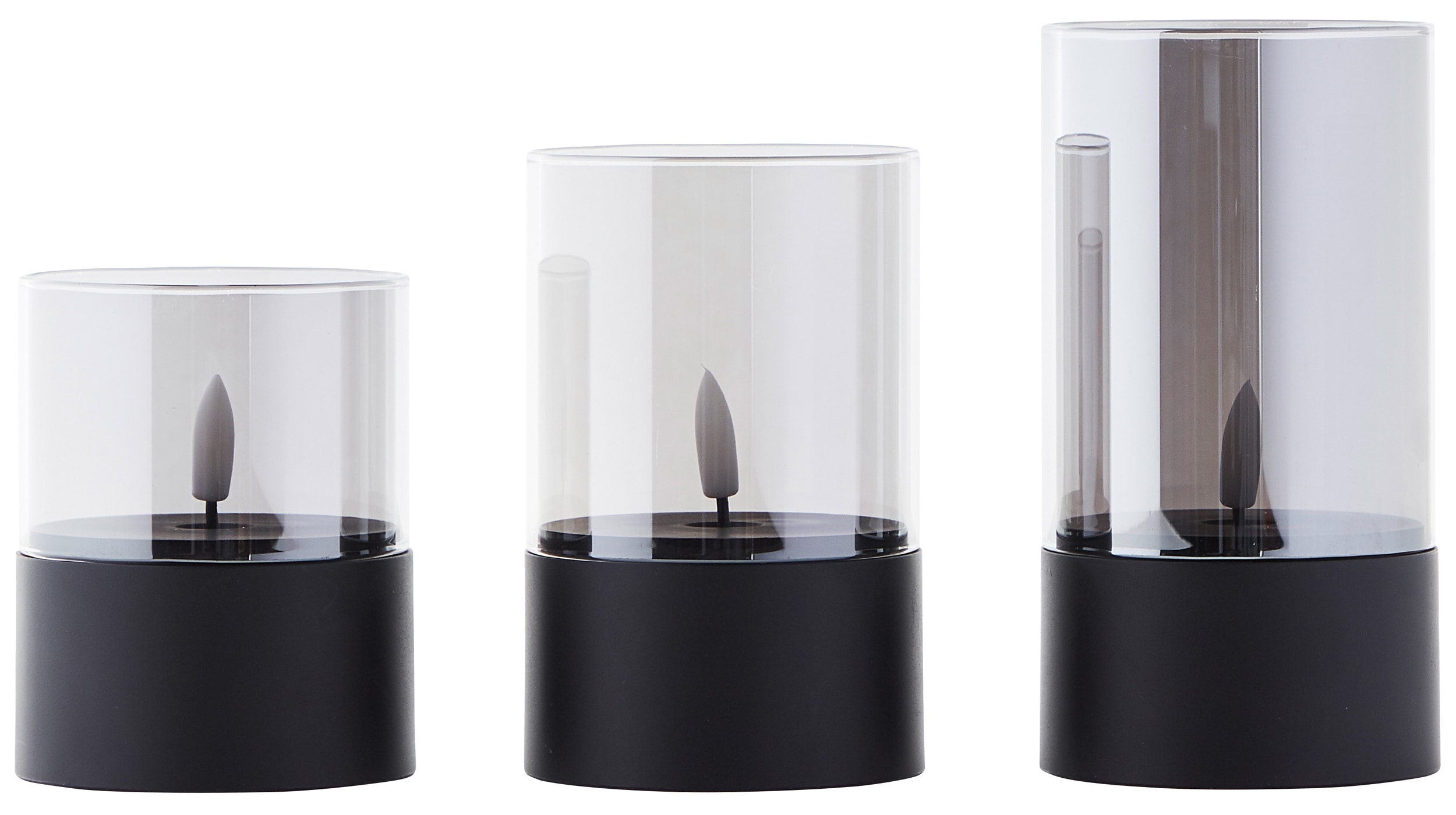 BRILLIANT LED-Kerzen, Ø 8 cm, Rauchglas, 10/12,5/15 cm, schwarz, 3er-Set