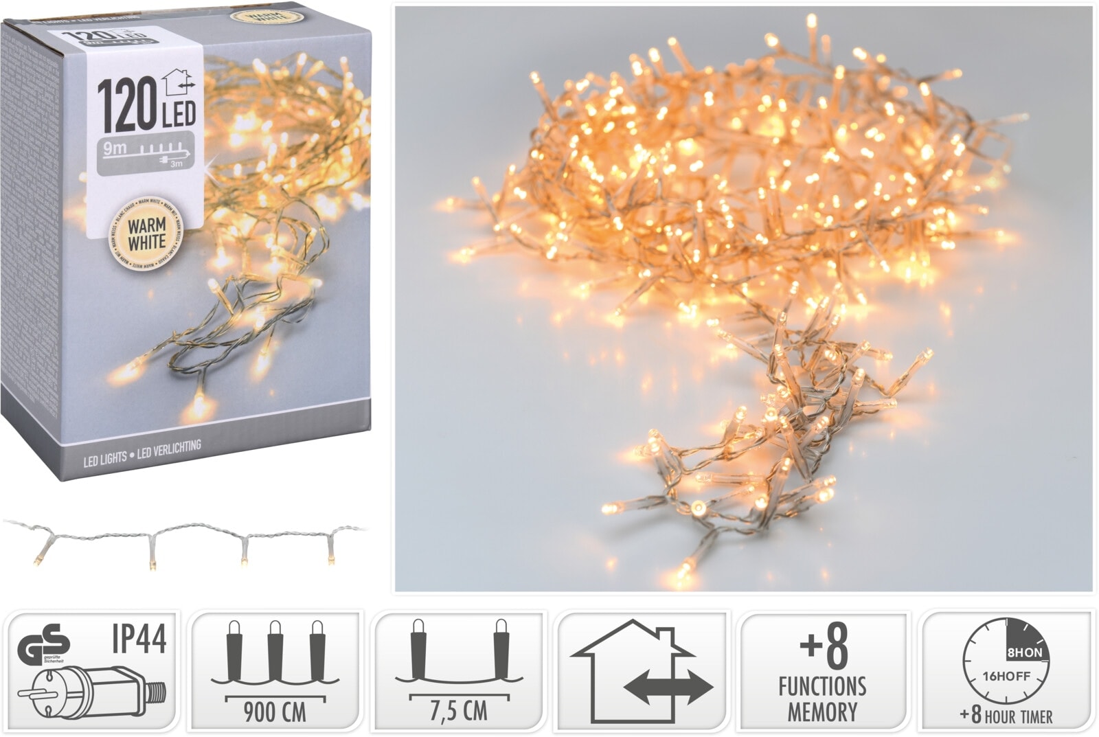 KOOPMAN LED-Lichterkette warmweiß, 120 LEDs, transparentes Kabel, Innen/Außen, 12m