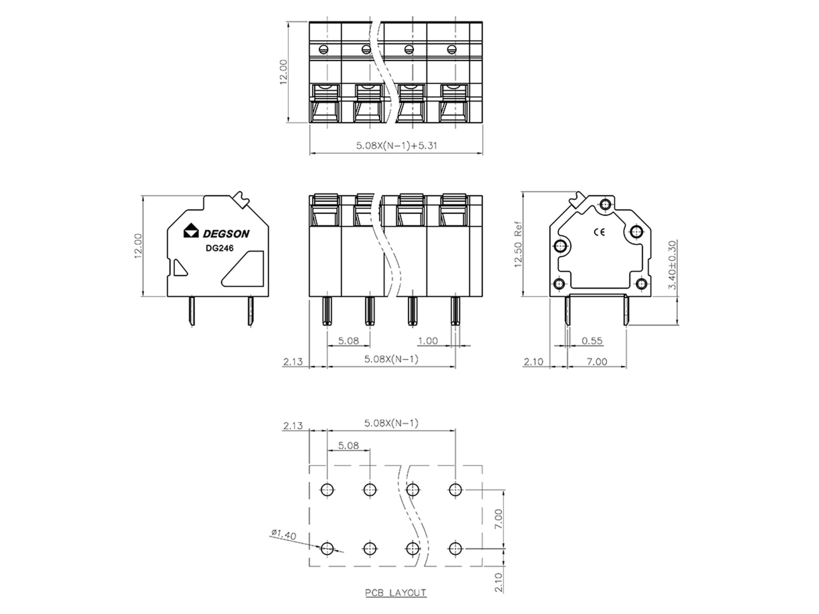DEGSON Klemmleiste, DG246-5.08-02P-14-00AH, horiz. RM 5,08 2 pol grün