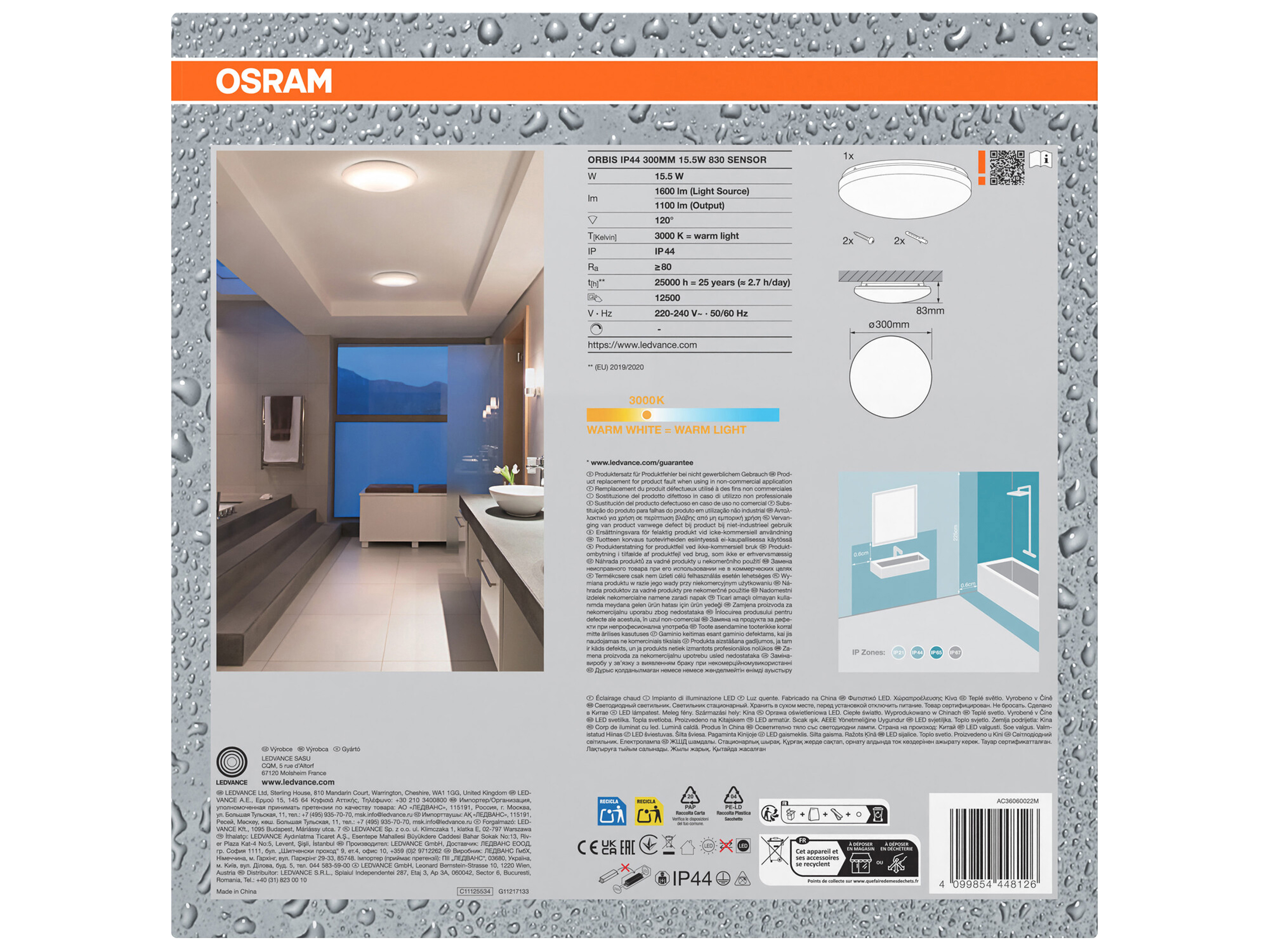 OSRAM LED-Deckenleuchte mit Sensor, 15,5 W, 1100 lm, 3000 K, IP44, Ø 0,3 m