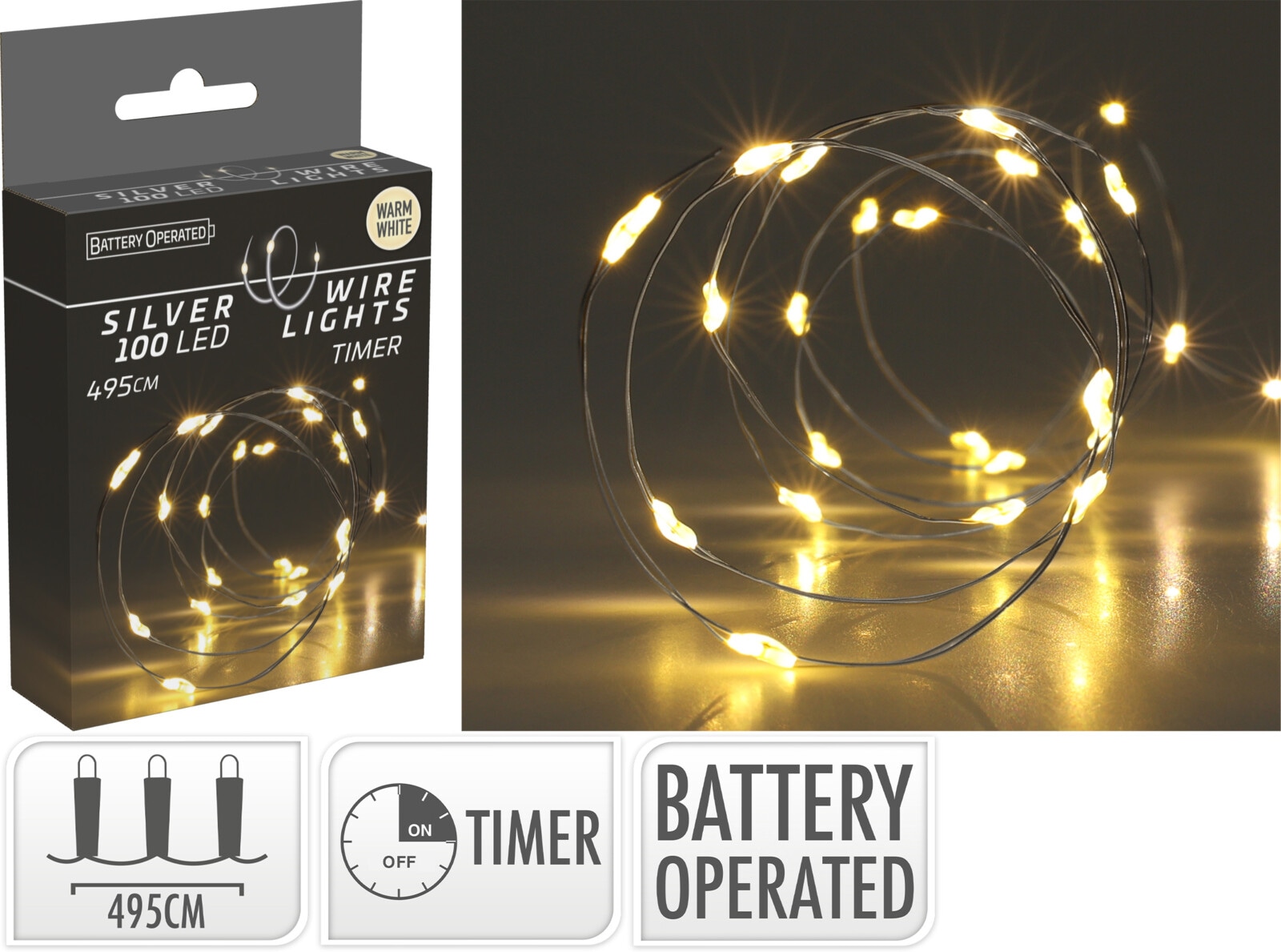 LED-Lichterkette, Silberdraht, 100 LEDs, warmweiß, Batteriebetrieb, Timer