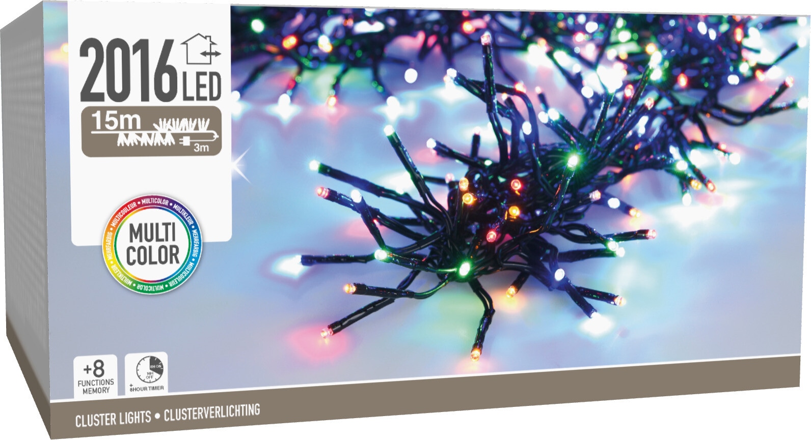 LED-Clusterlichterkette bunt, 2016 LEDs, schwarzes Kabel, Innen/Außen, 18 m