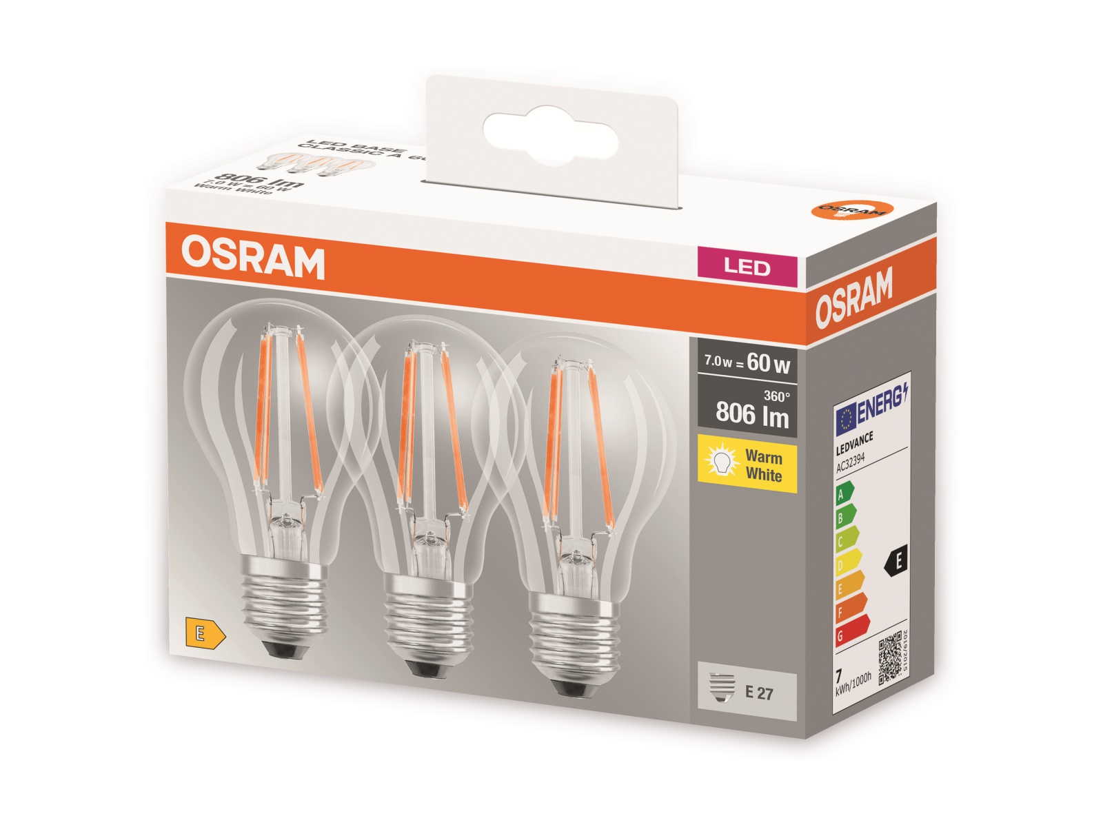 OSRAM LED-Lampe BASE CLASSIC A60, E27, EEK: E, 7 W, 806 lm, 2700 K, 3 Stück