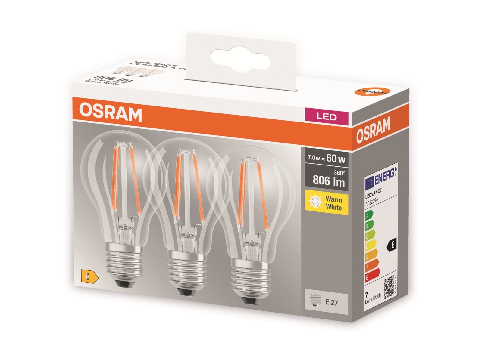 OSRAM LED-Lampe BASE CLASSIC A60, E27, EEK: E, 7 W, 806 lm, 2700 K, 3 Stück