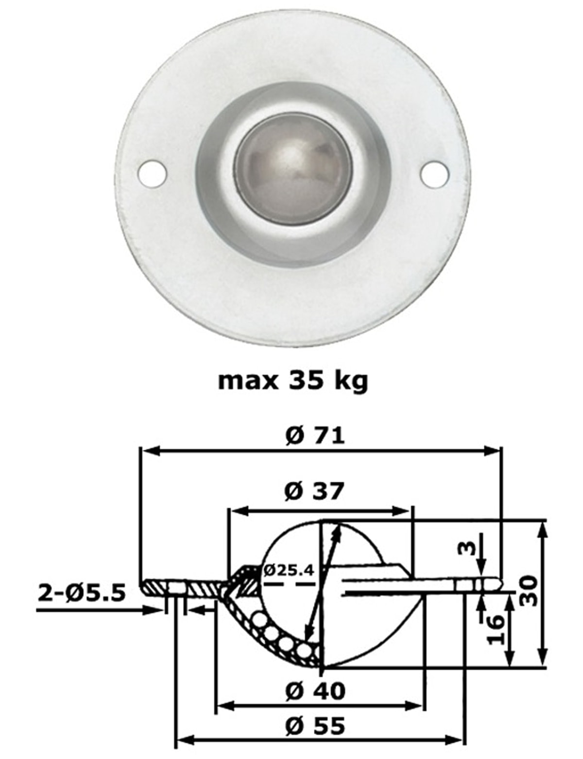 Kugelrolle, 71x28 mm, 35 kg, Stahl Kugelrolle, 71x28 mm, 35 kg, Stahl
