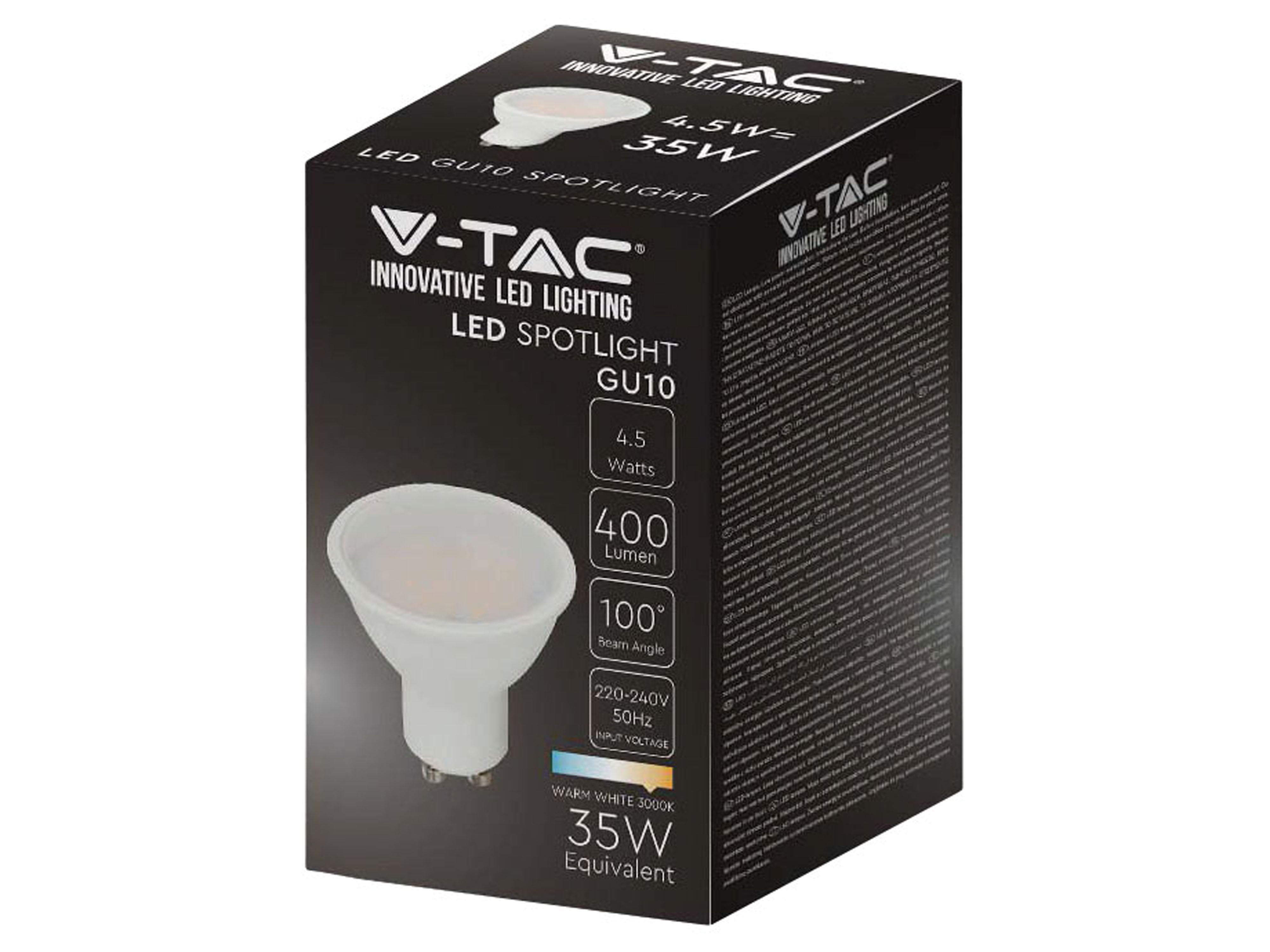 V-TAC LED-SMD-Lampe, PAR16, GU10, EEK: F, 4,5W, 400lm, 3000K, 5 Stück