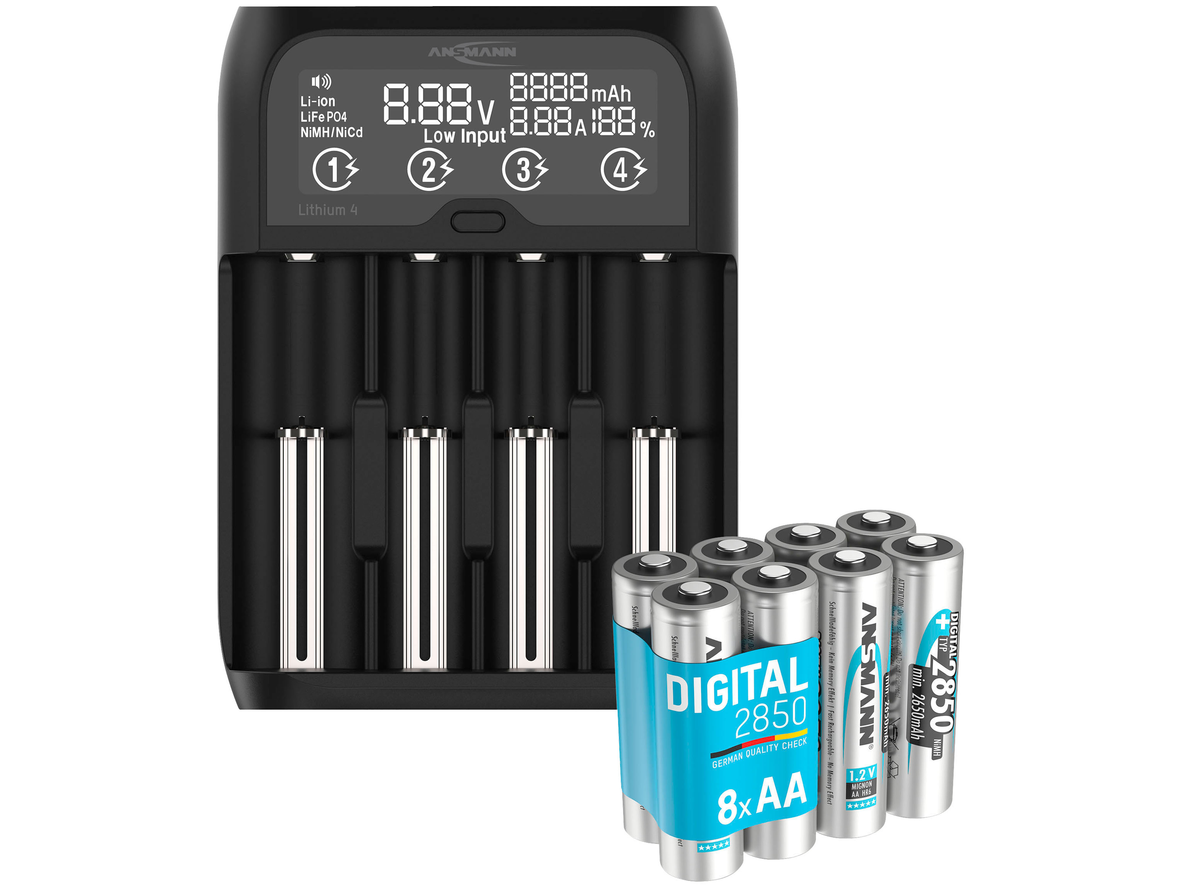 ANSMANN Lithium 4, Ladegerät, inkl. 8xAA NiMH Akkus 2850 mAh, Vorteilspack