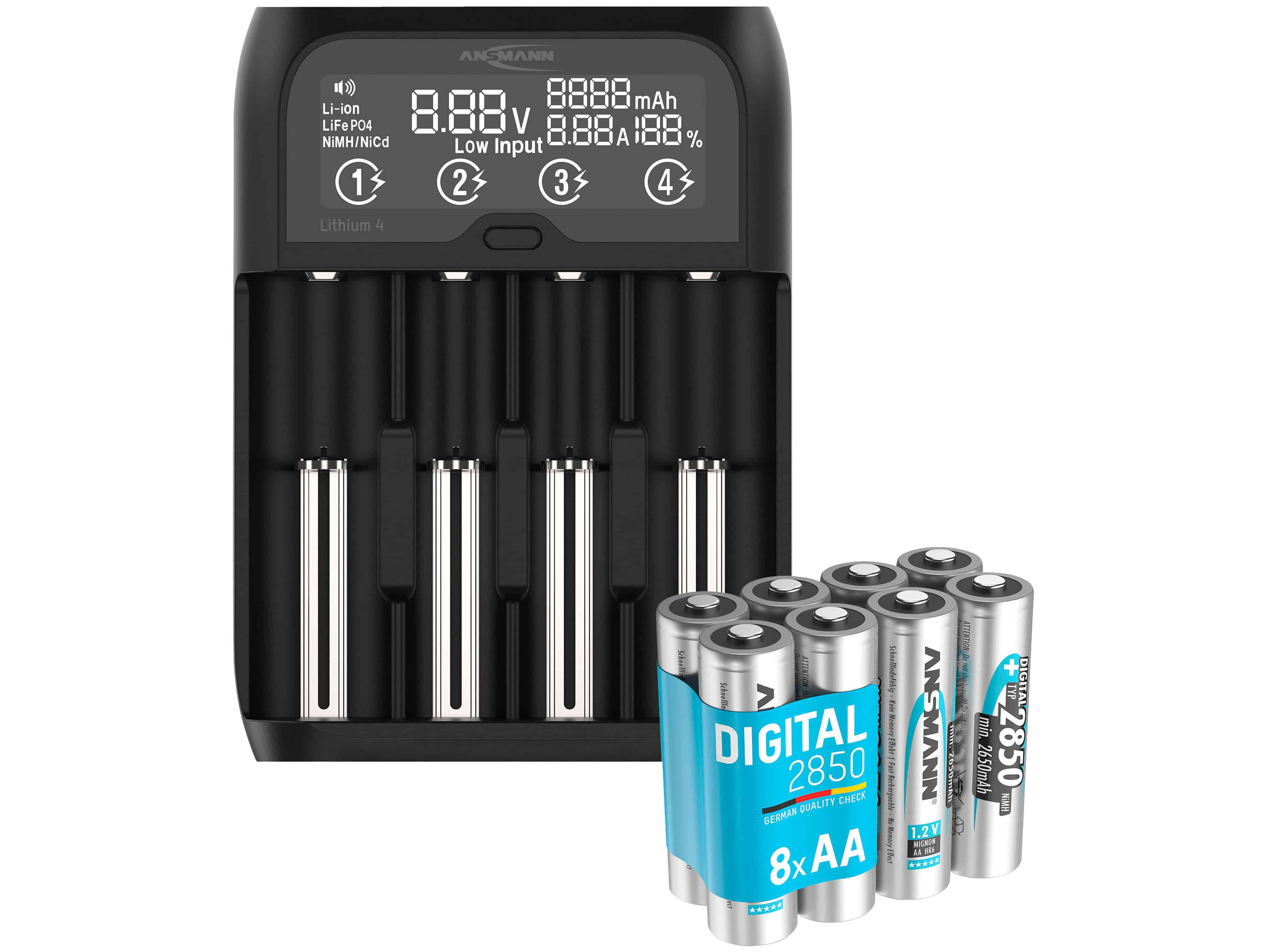ANSMANN Lithium 4, Ladegerät, inkl. 8xAA NiMH Akkus 2850 mAh, Vorteilspack