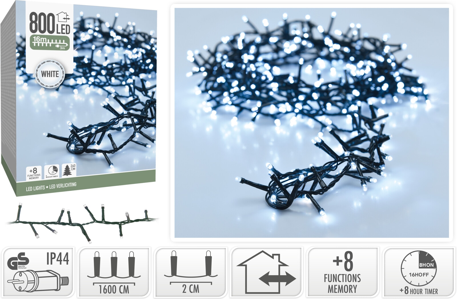 KOOPMAN LED-Clusterlichterkette kaltweiß, 800 LEDs, grünes Kabel, Innen/Außen, 19m