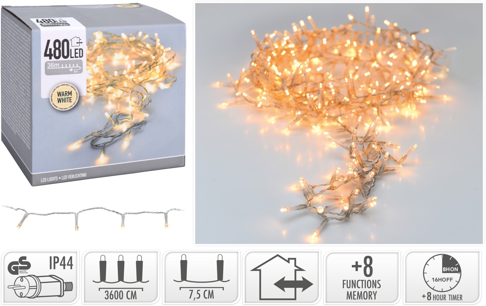 KOOPMAN LED-Lichterkette warmweiß, 480 LEDs, transparentes Kabel, Innen/Außen, 39m