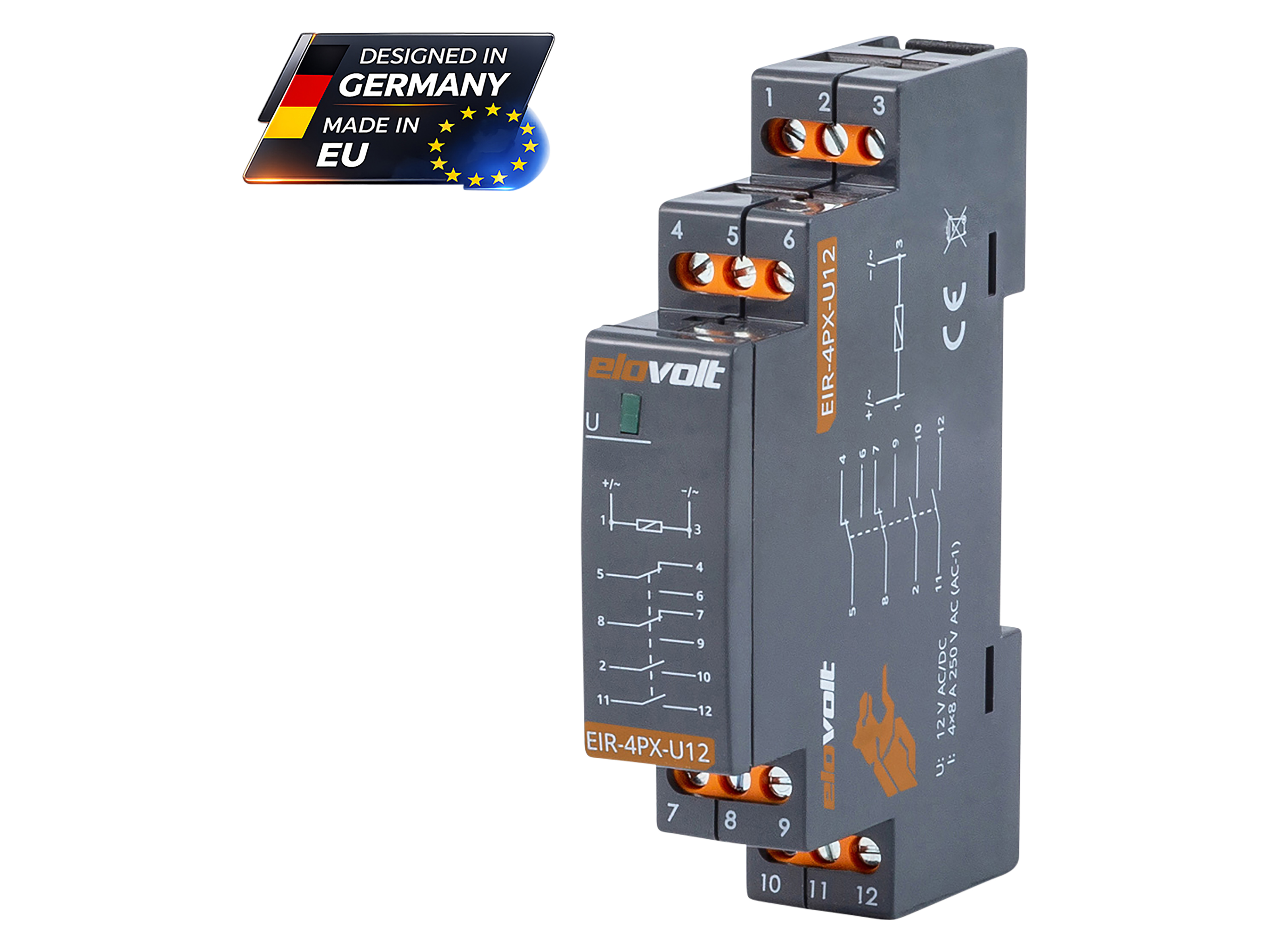 ELOVOLT Schaltrelais EIR-4PX-U12, 4x 8 A, 12 V, 2 Schliesser + 2 Wechsler