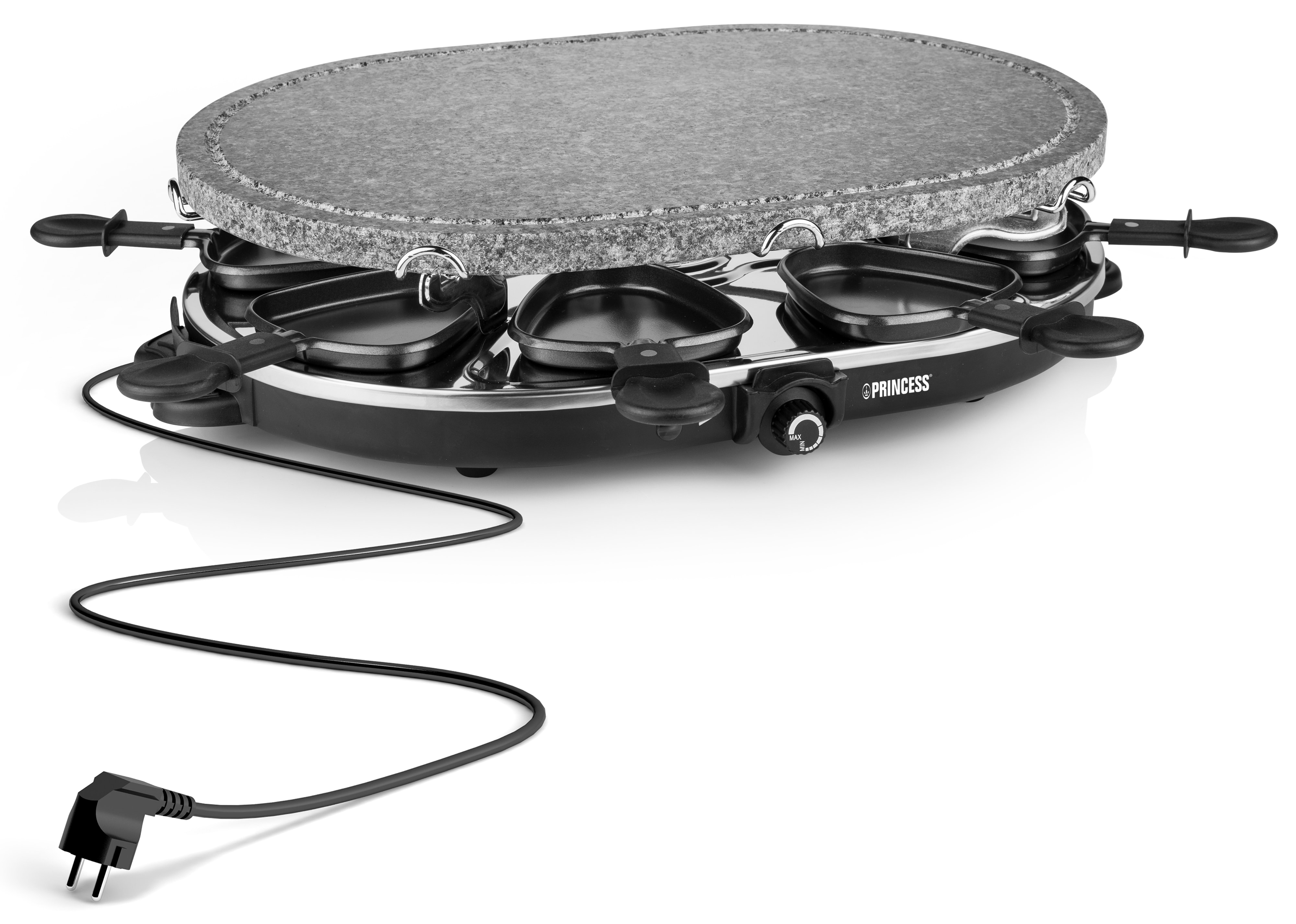 PRINCESS Raclette 8 Oval Steingrillplatte, 1200 W, 8 Pfännchen, 43x30 cm