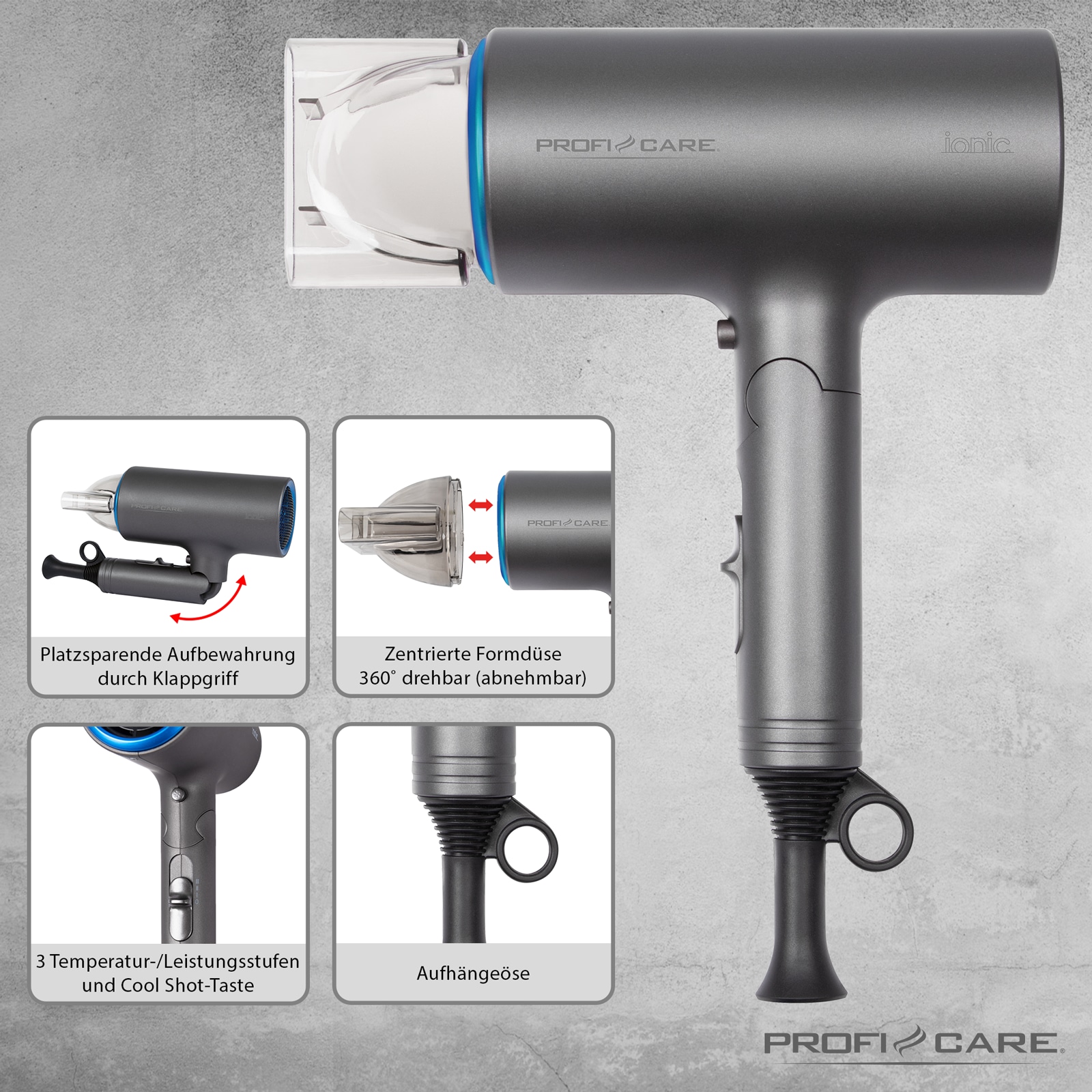 PROFI CARE Haartrockner PC-HT 3073, 1600 W, Ionic, Klappgriff, blau PROFI CARE Haartrockner PC-HT 3073, 1600 W, Ionic, Klappgriff, blau