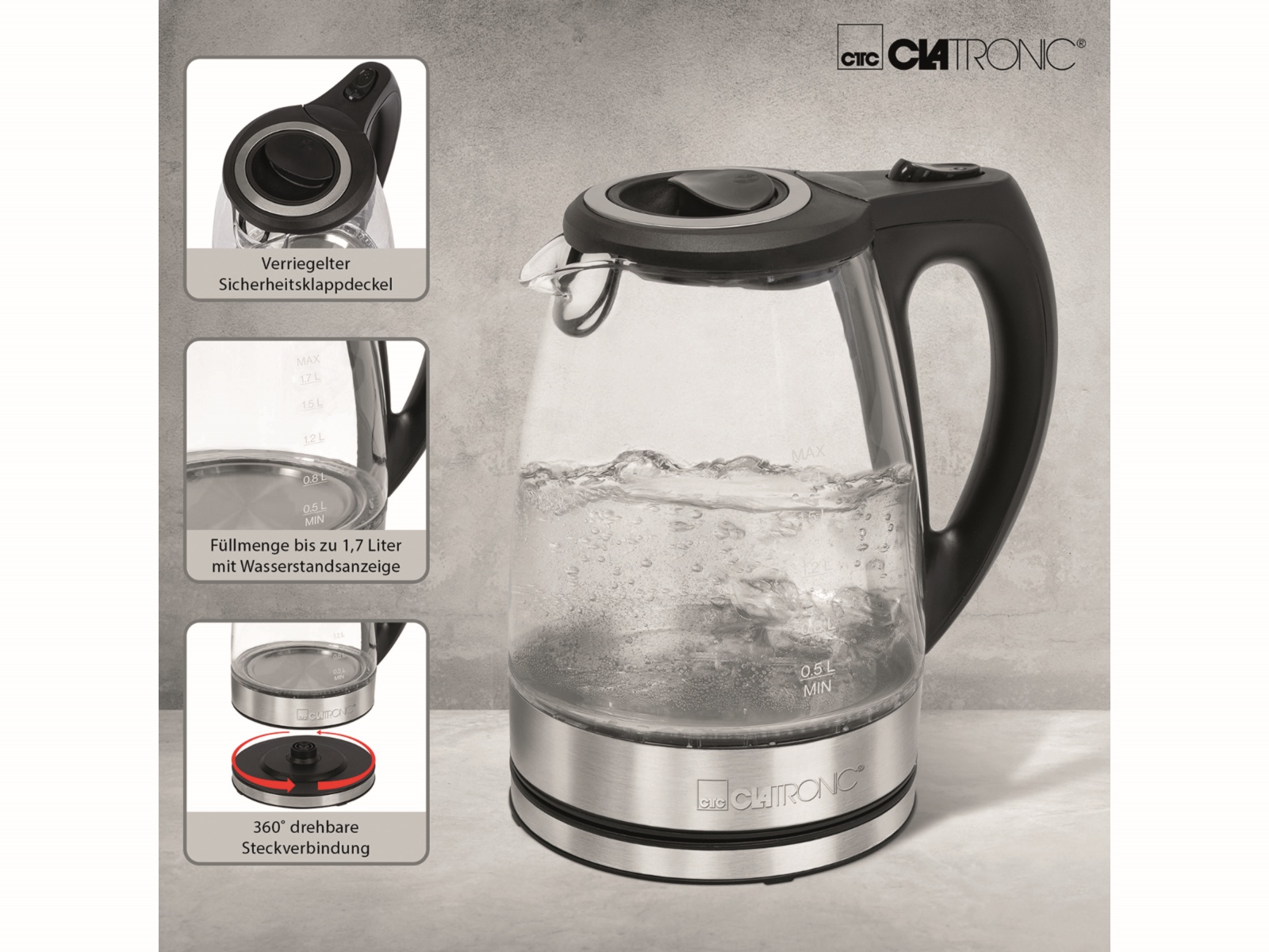 CLATRONIC Wasserkocher WKS 3744 G, 1,7 L, 2200 W, Glas