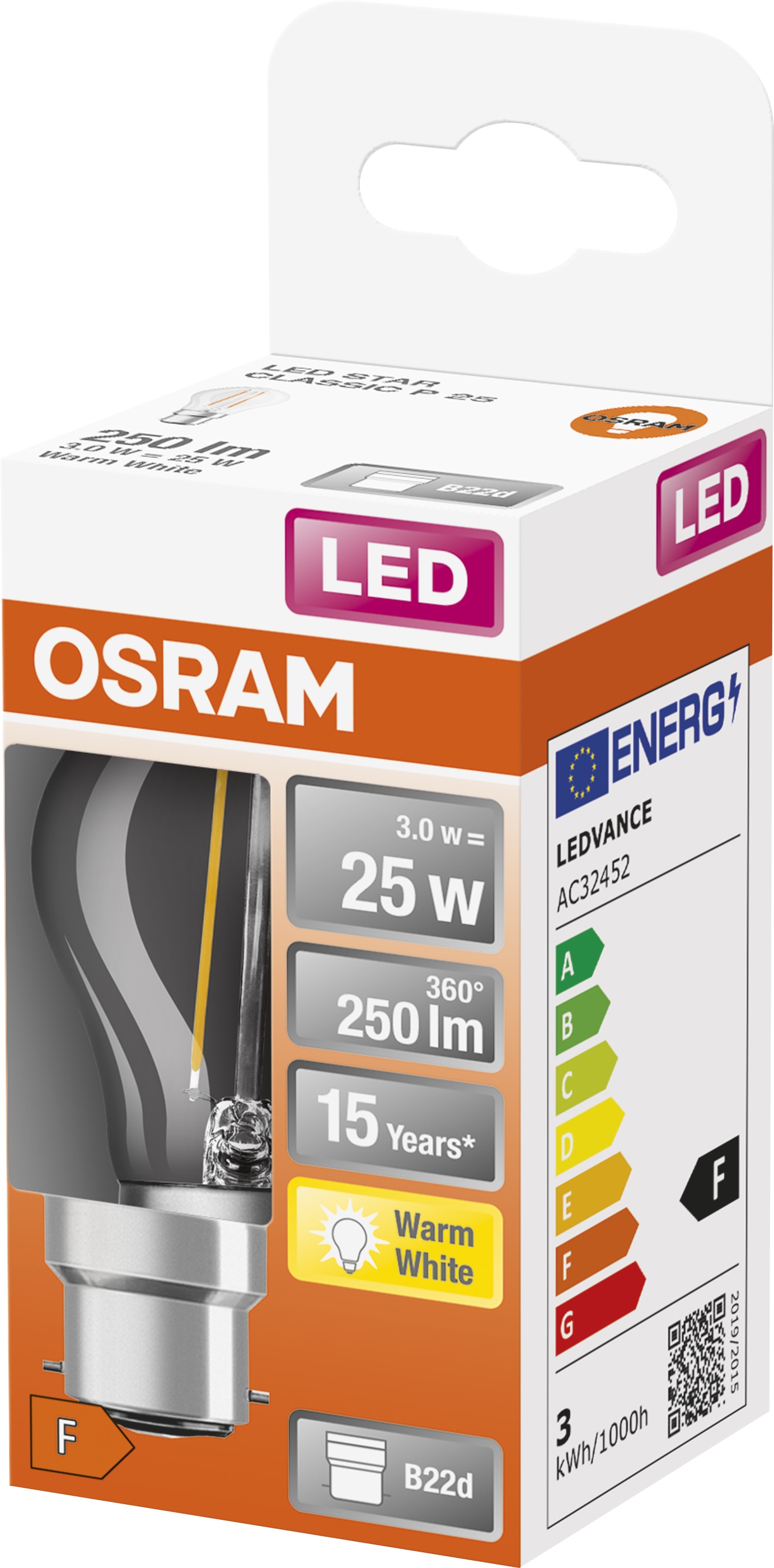 Osram Led-Lampe, B22d, 2,5W, 2700K, EEK: F, 250lm, Warmweiß