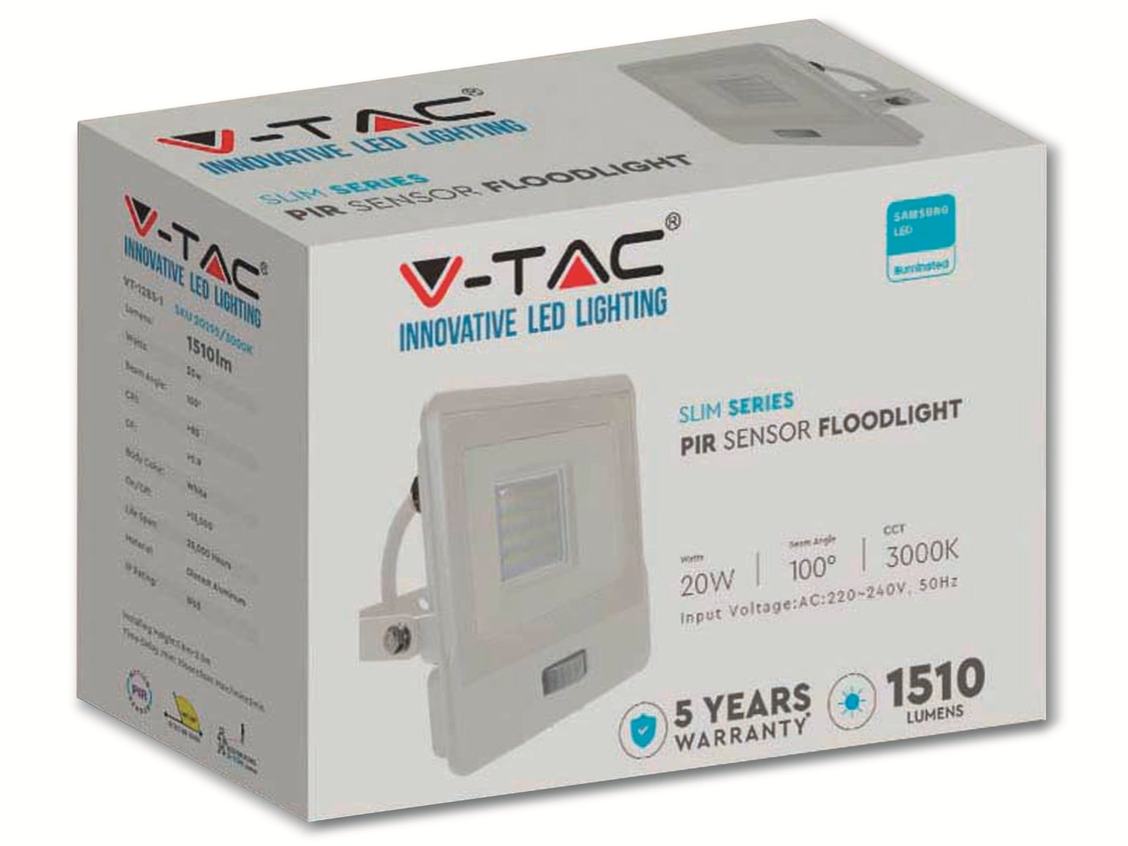 V-TAC LED-Fluter, Bewegungsmelder VT-128S-1 (20296) EEK: F, 20W, 1510 lm, 4000K, weiß V-TAC LED-Fluter, Bewegungsmelder VT-128S-1 (20296) EEK: F, 20W, 1510 lm, 4000K, weiß