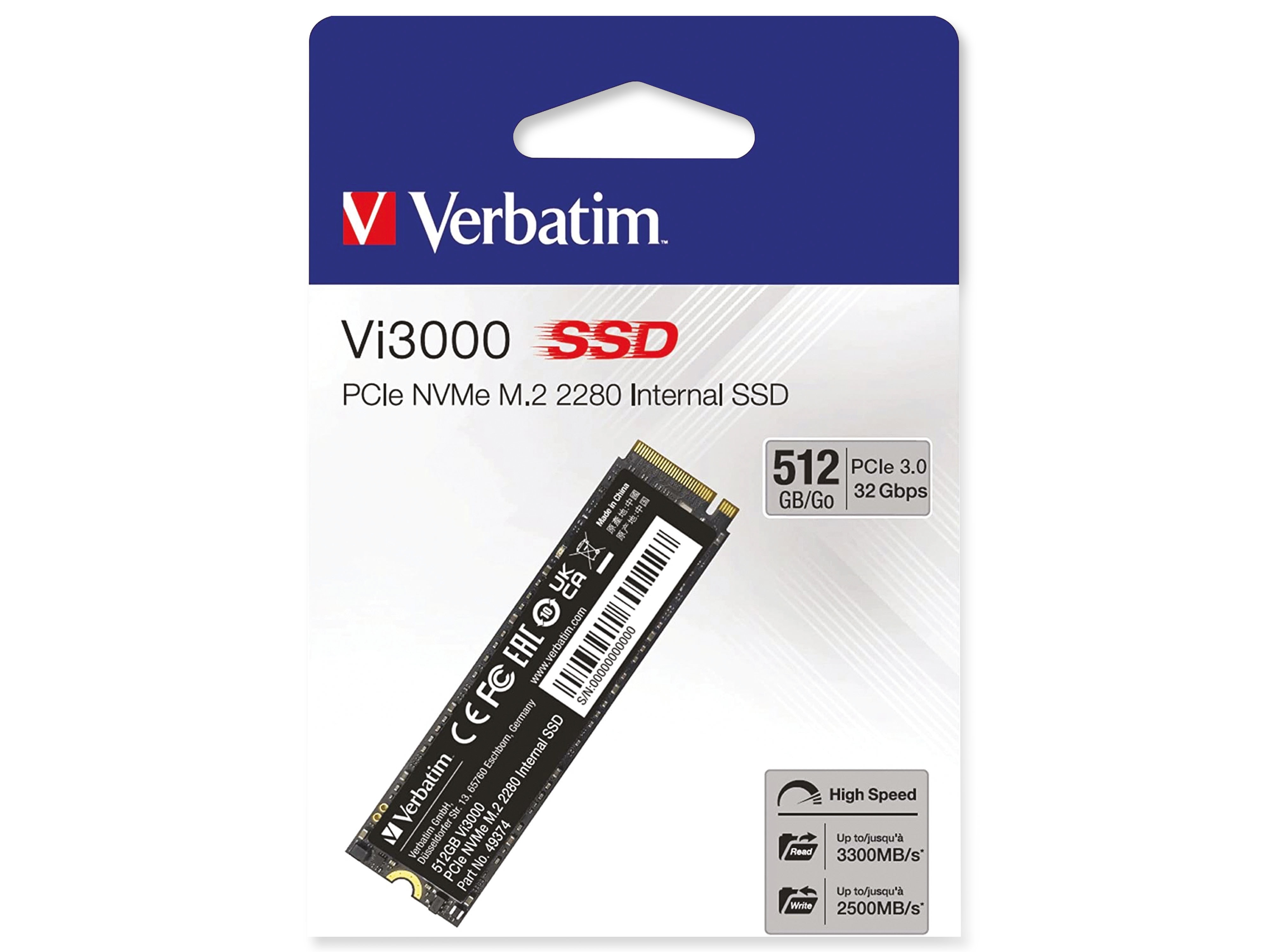 VERBATIM M.2 2280 SSD Vi3000, PCIe 3.0, 512 GB VERBATIM M.2 2280 SSD Vi3000, PCIe 3.0, 512 GB