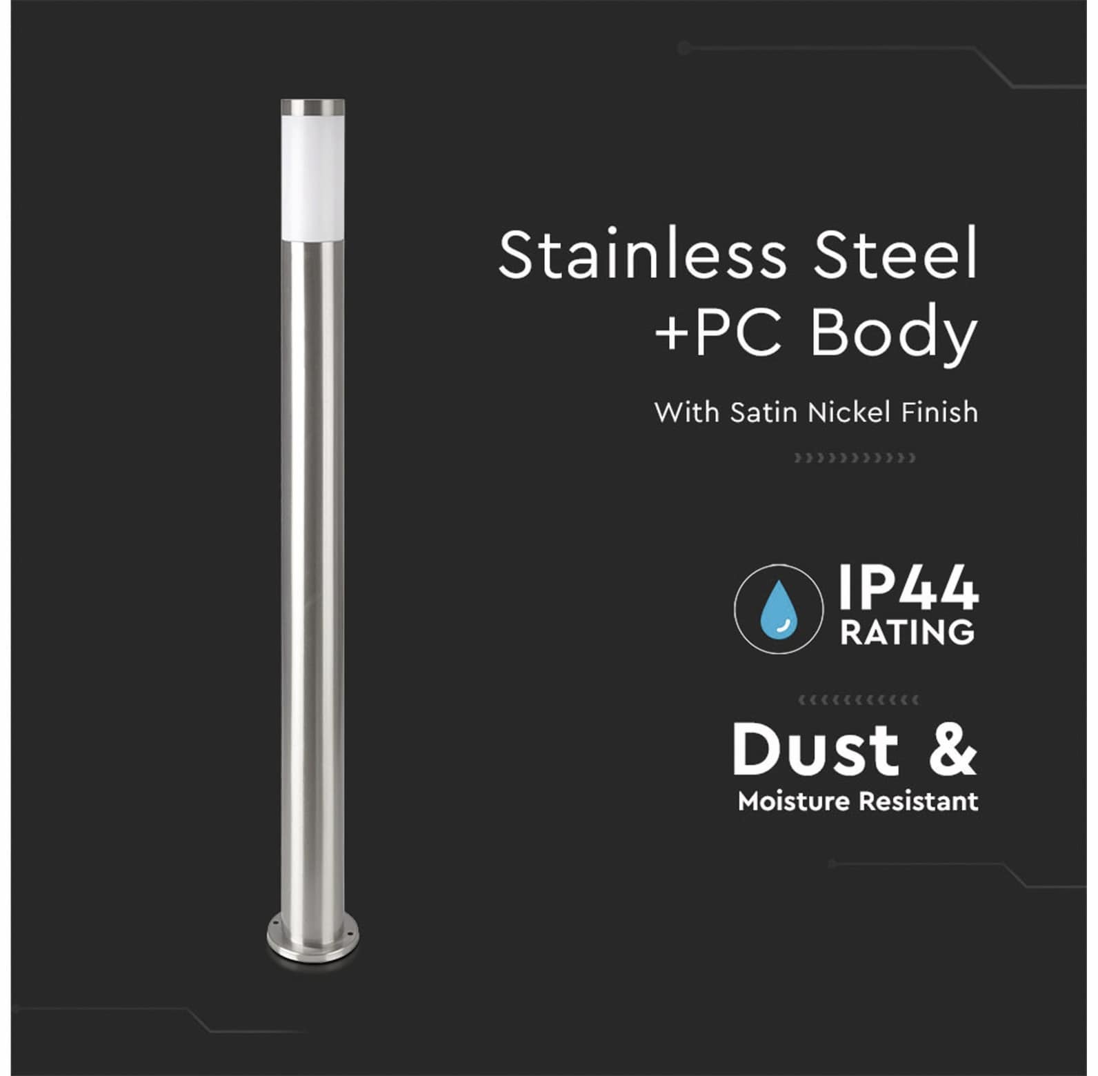 V-TAC Poller-Außenleuchte VT-838, IP44, E27, Edelstahl, 1100mm, VT-8962, Nickel-satiniert V-TAC Poller-Außenleuchte VT-838, IP44, E27, Edelstahl, 1100mm, VT-8962, Nickel-satiniert