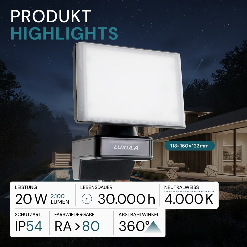 LUXULA LED-Fluter LX400191, 20 W, 2100 lm, 4000 K, schwarz LUXULA LED-Fluter LX400191, 20 W, 2100 lm, 4000 K, schwarz