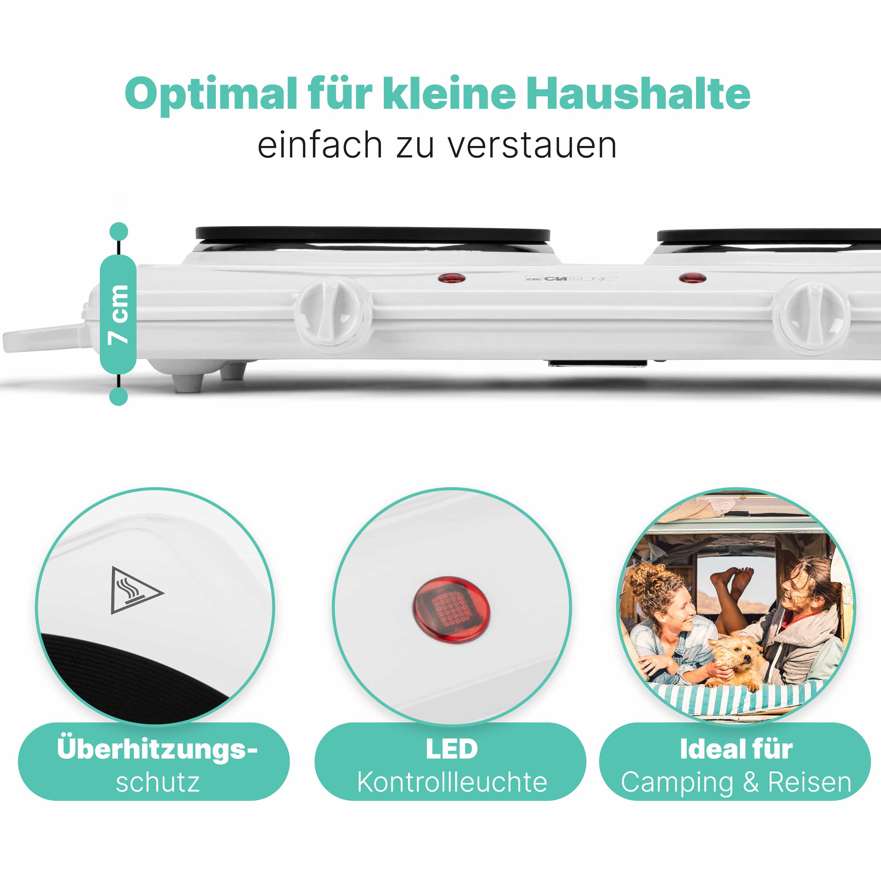 CLATRONIC Doppelkochplatte DKP 3583, 1x Ø180mm, 1500W, 1x Ø150mm, 1000W, weiß