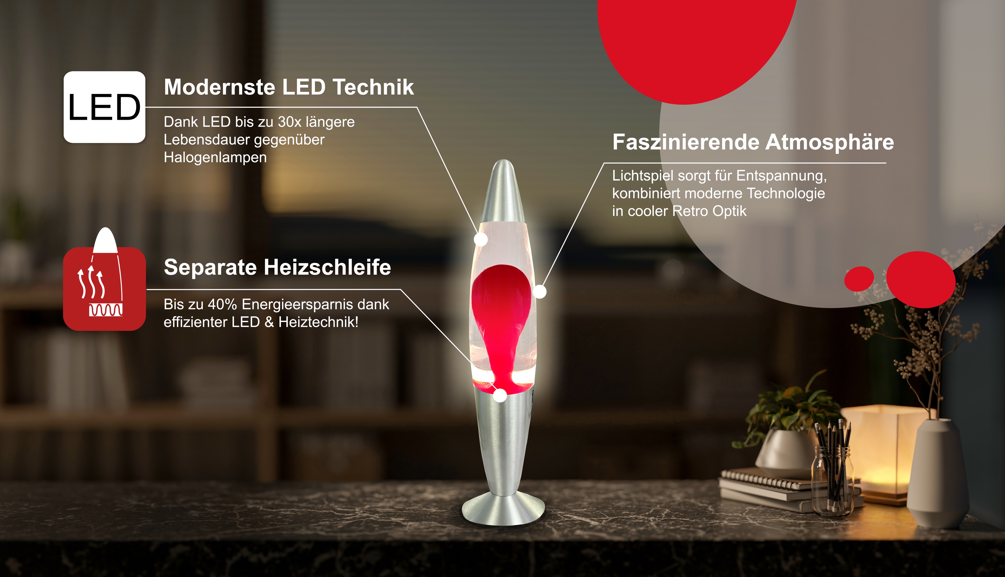 BLULAXA LED-Lava-Tischleuchte, 50960, 20W, 34 cm, rot/klar