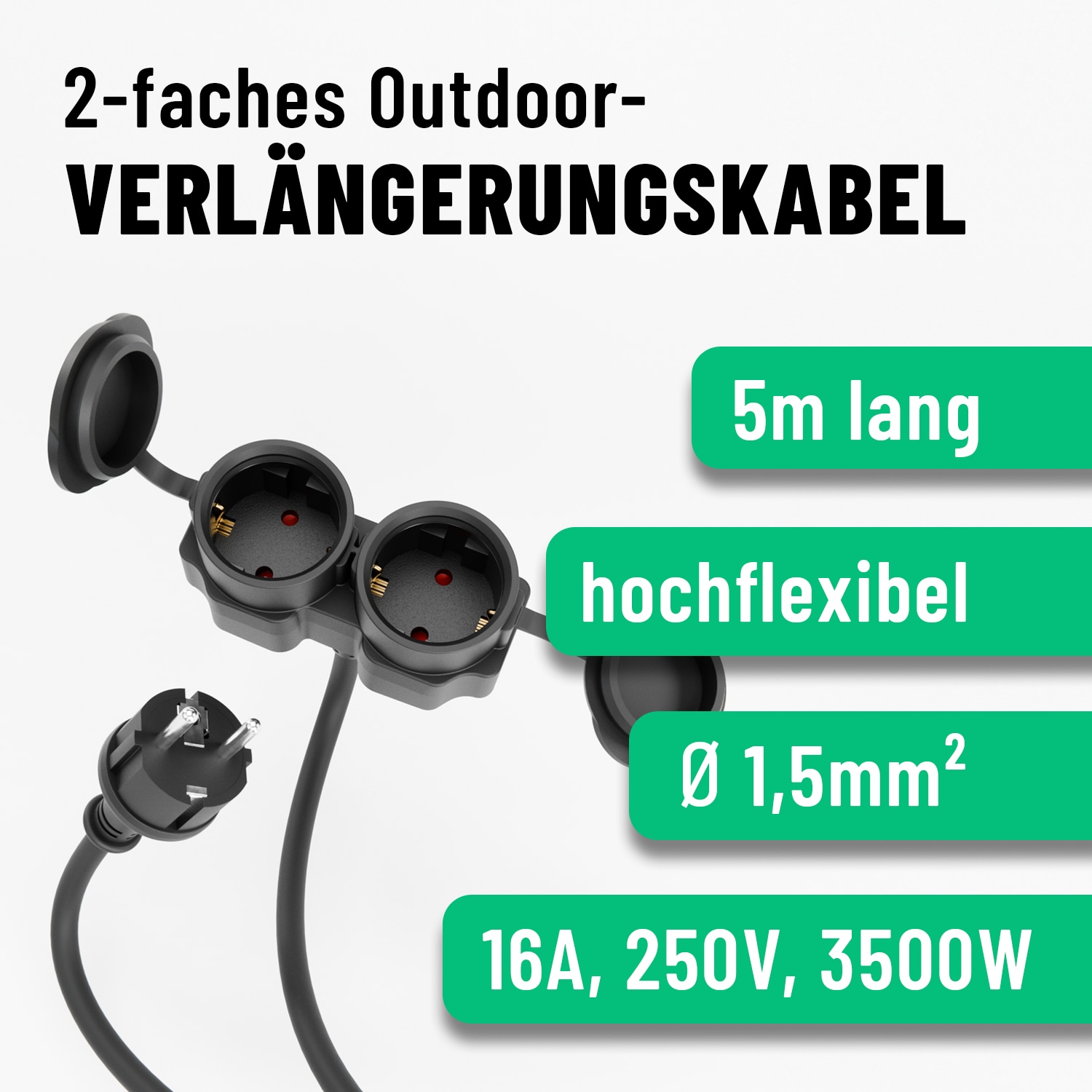 ABSINA Verlängerungskabel 151230, 2-Fach, 5 m