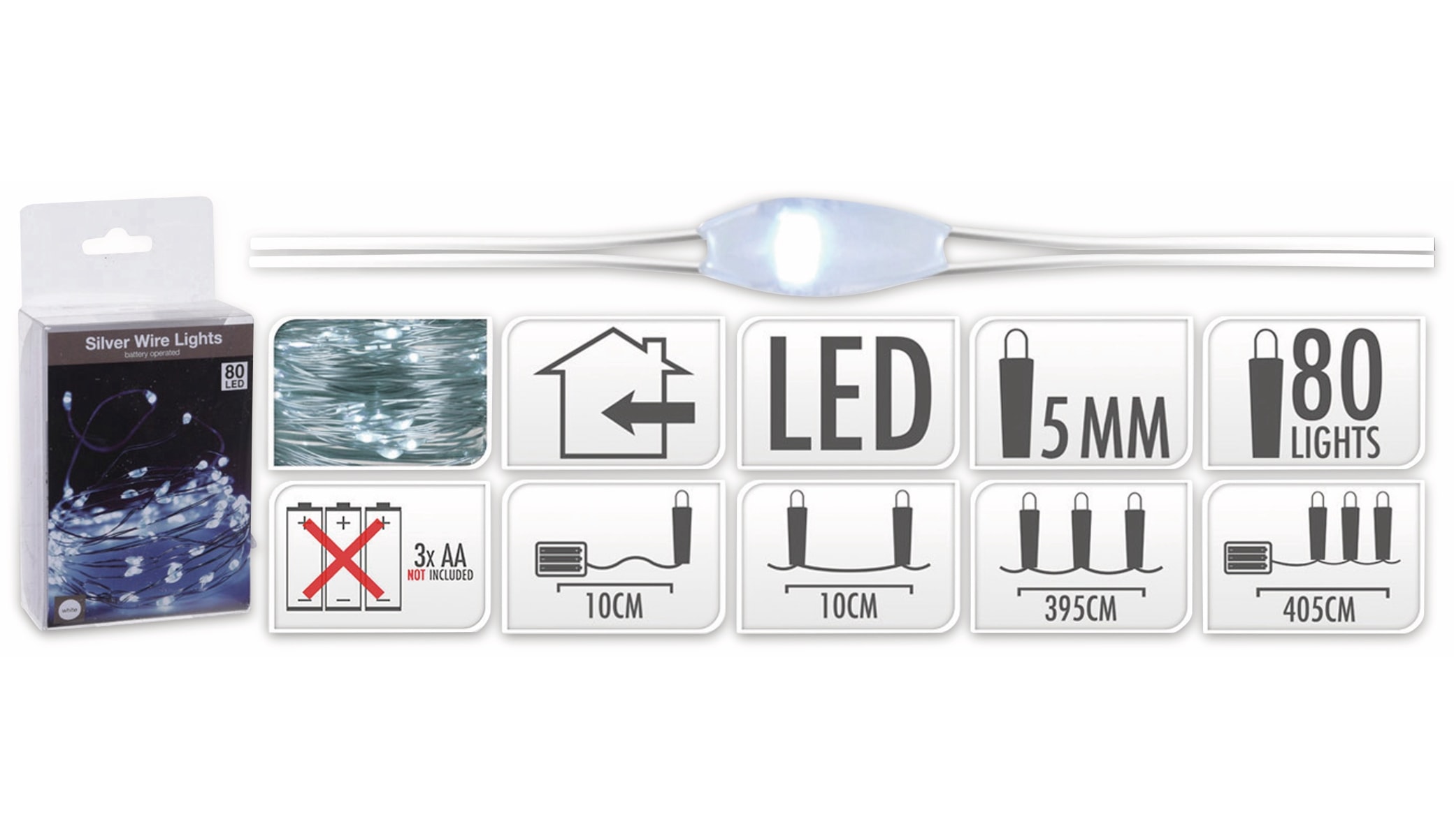 LED-Lichterkette, Silberdraht, 80 LEDs, kaltweiß, Batteriebetrieb LED-Lichterkette, Silberdraht, 80 LEDs, kaltweiß, Batteriebetrieb