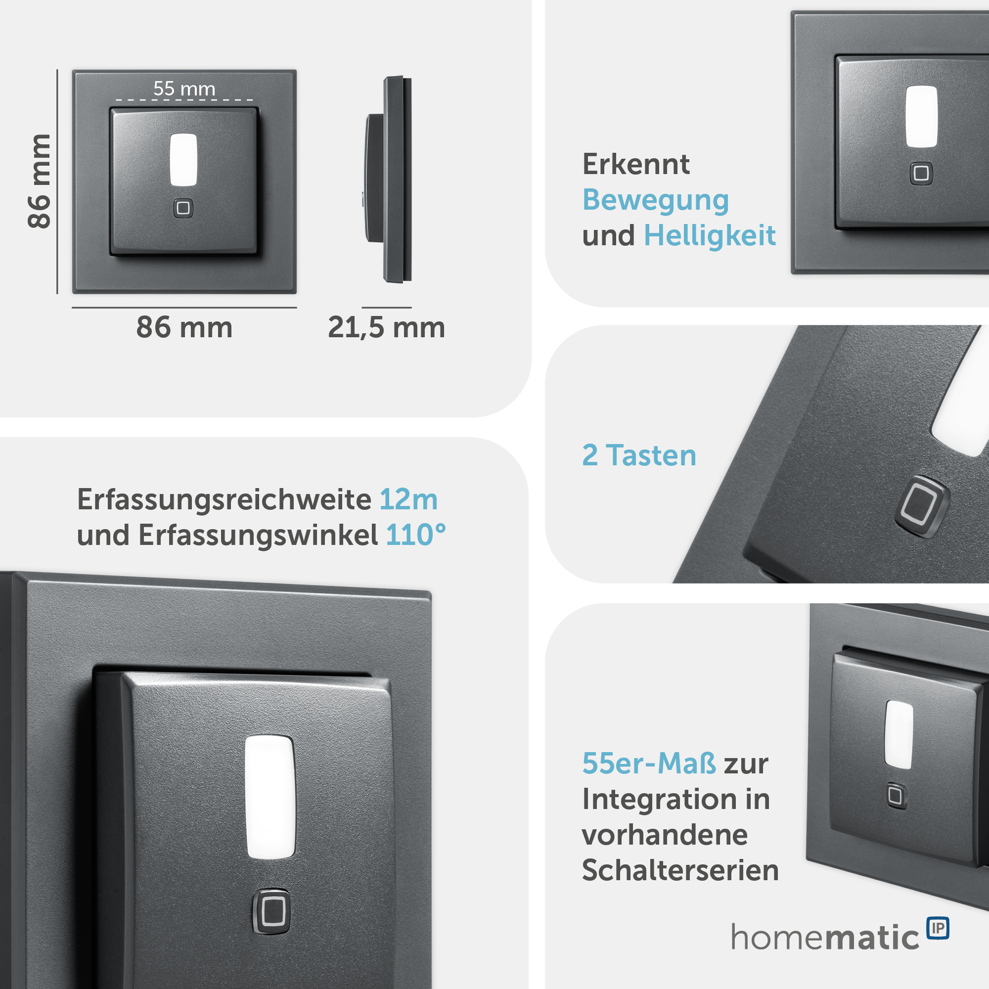 HOMEMATIC IP 159903A0, Bewegungsmelder, 55er Rahmen, innen, anthrazit