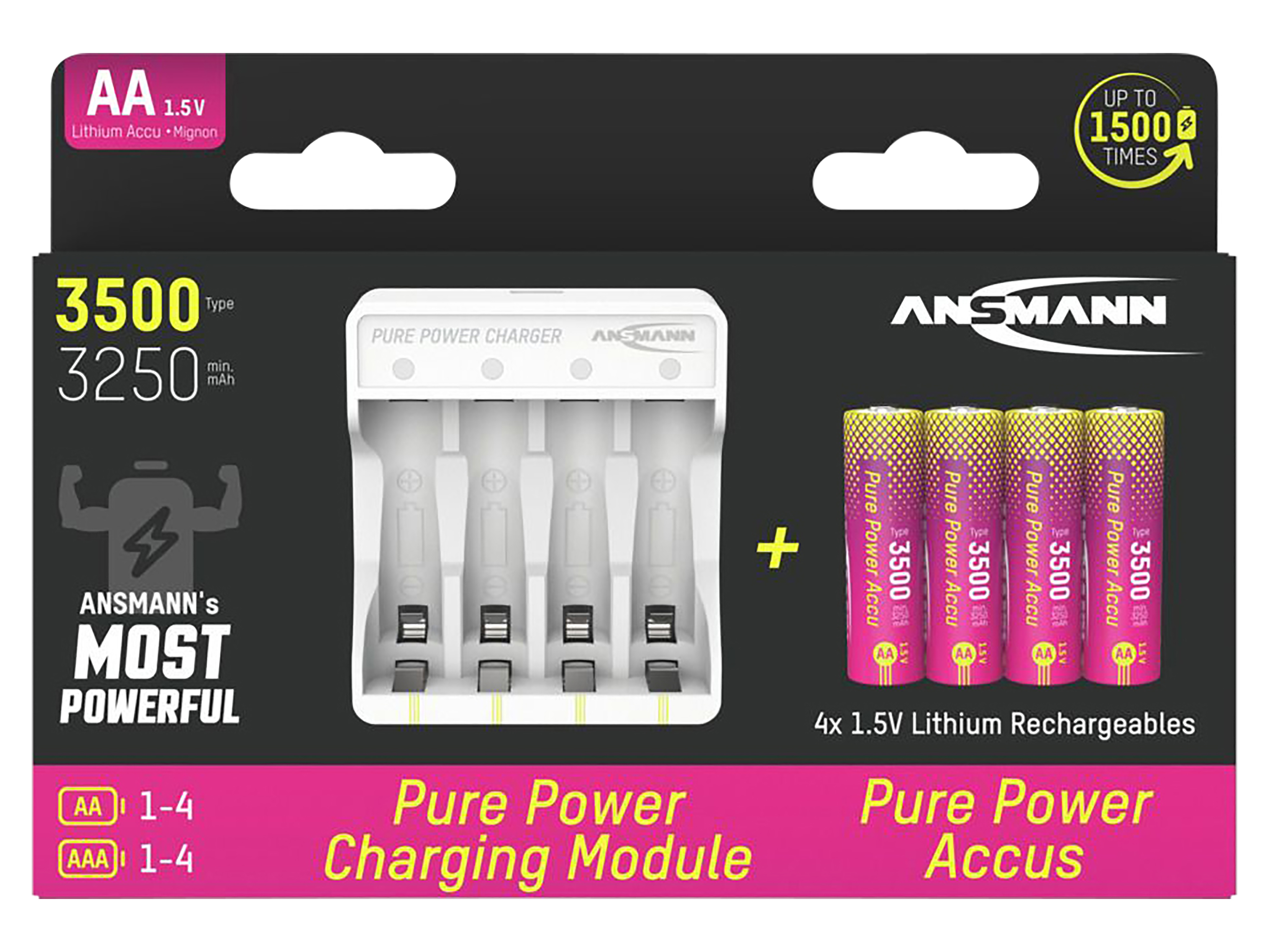 Lademodul ANSMANN Pure Power Set, 4× Mignon AA Akkus Typ 3500