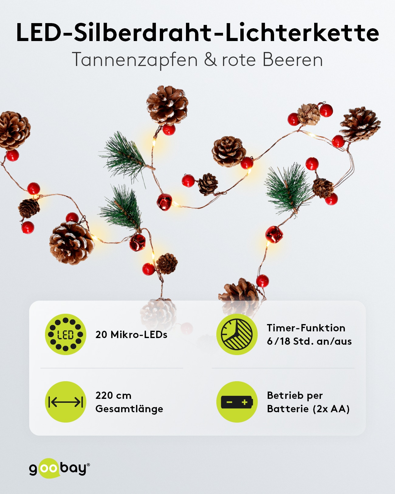 GOOBAY LED-Lichterkette "Tannenzapfen", Silberdraht, Timer, 20 LEDs, 220 cm
