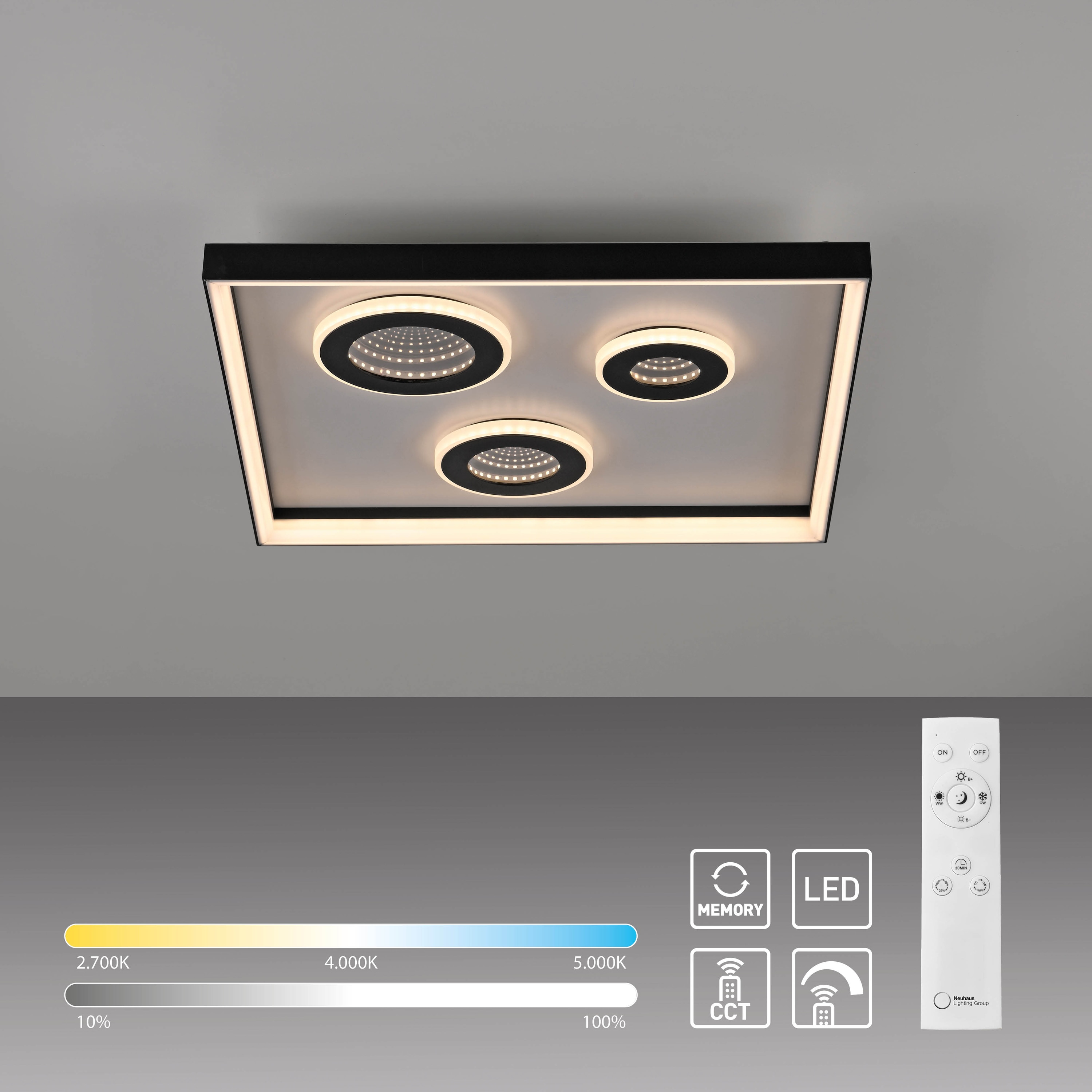 PAUL NEUHAUS LED-Deckenleuchte 6856-18 schwarz, 32 W, 4000 lm, CCT, Fernbedienung