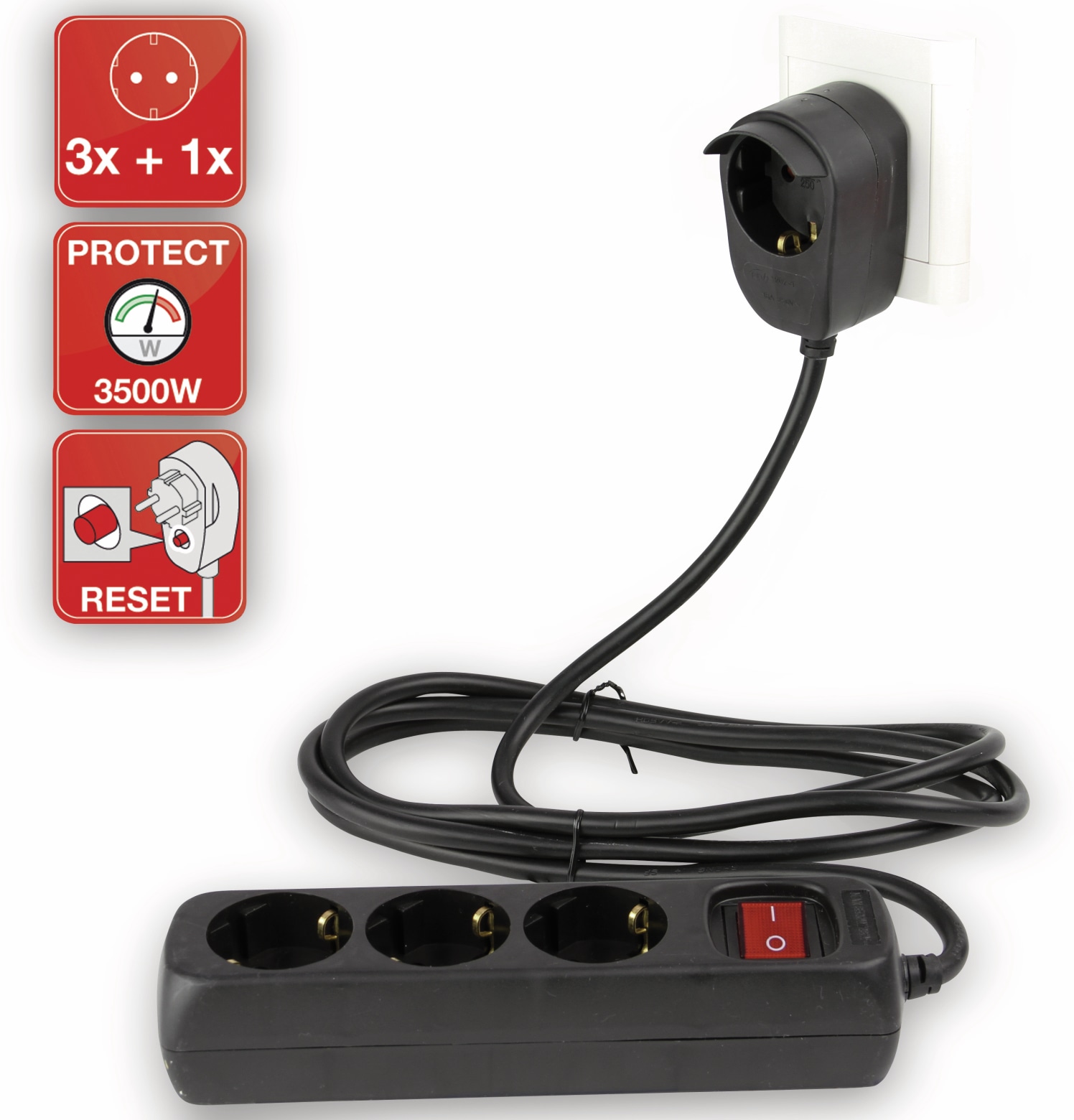 REV Steckdosenleiste Powersplit, 3-fach, mit Schalter, 5 m, schwarz