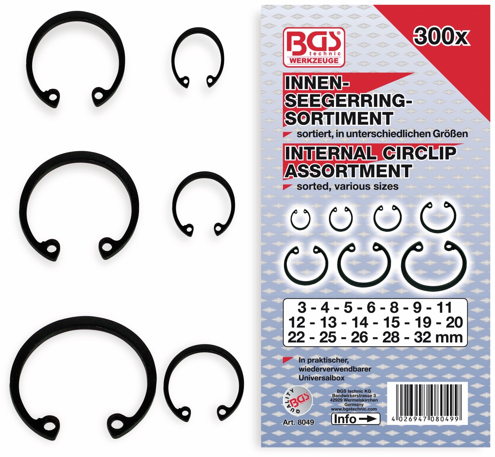 BGS TECHNIC Innen-Seegering-Set, 8049, Ø3...32mm, 300-tlg BGS TECHNIC Innen-Seegering-Set, 8049, Ø3...32mm, 300-tlg
