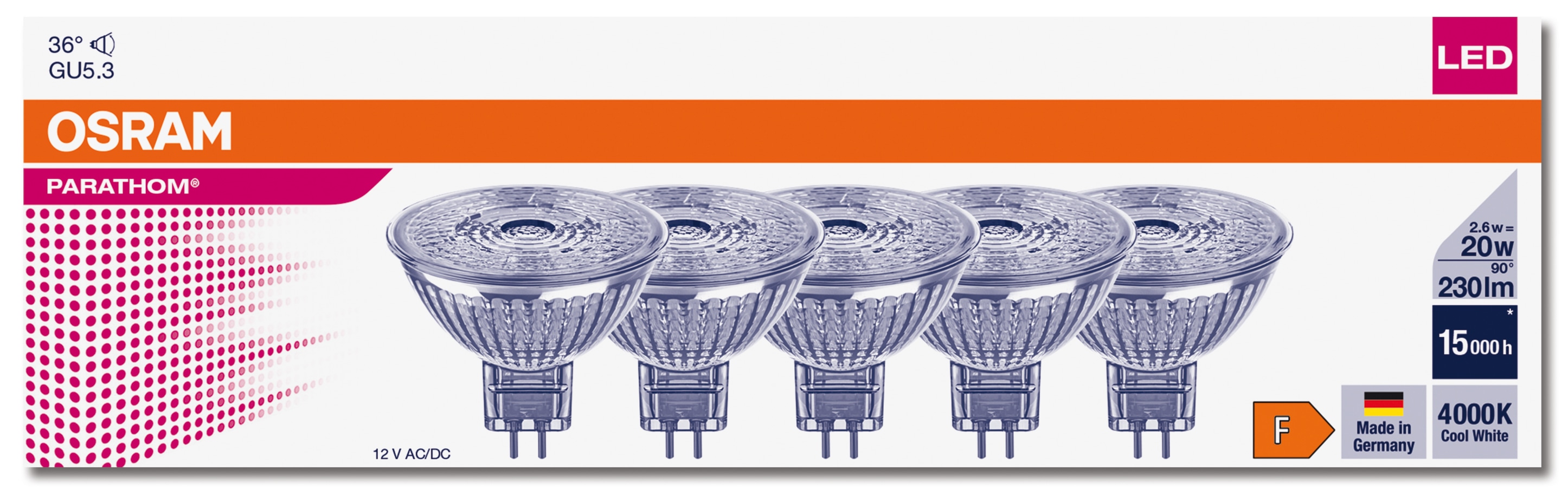 OSRAM LED-Reflektorlampe PARATHOM DIM, MR16, GU5.3, EEK: F, 2,6 W, 230 lm, 4000 K, 5 Stück