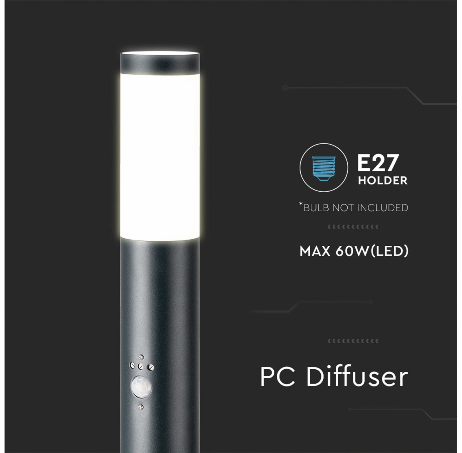 V-TAC Poller-Außenleuchte VT-838, IP44, E27, PIR-Sensor, Edelstahl, 800mm, VT-8966, grau