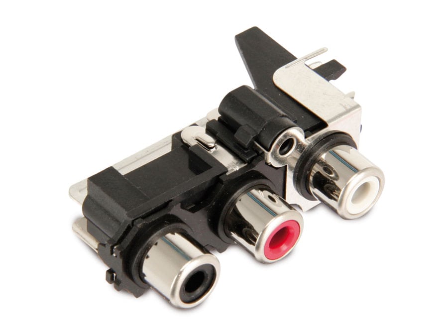 Cinch-Einbaubuchse, 3-fach, 90° Cinch-Einbaubuchse, 3-fach, 90°