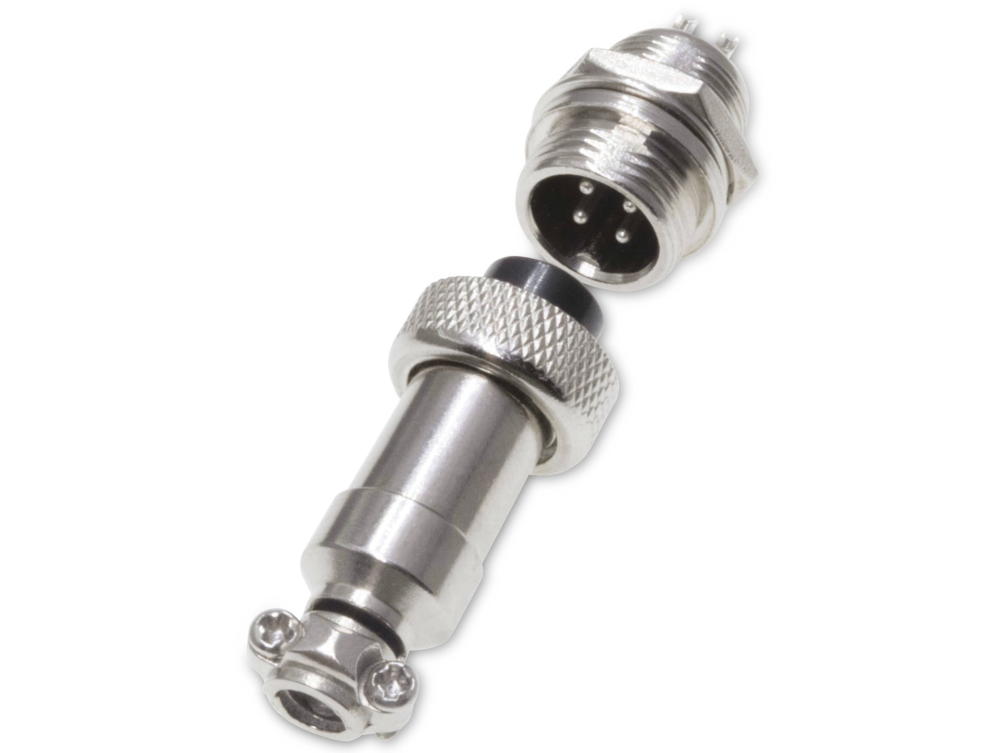 Rundsteckverbinder, 4-polig, 60V, 2A, Lötanschluss, IP55, wire to panel, 1 Stecker + 1 Buchse Rundsteckverbinder, 4-polig, 60V, 2A, Lötanschluss, IP55, wire to panel, 1 Stecker + 1 Buchse