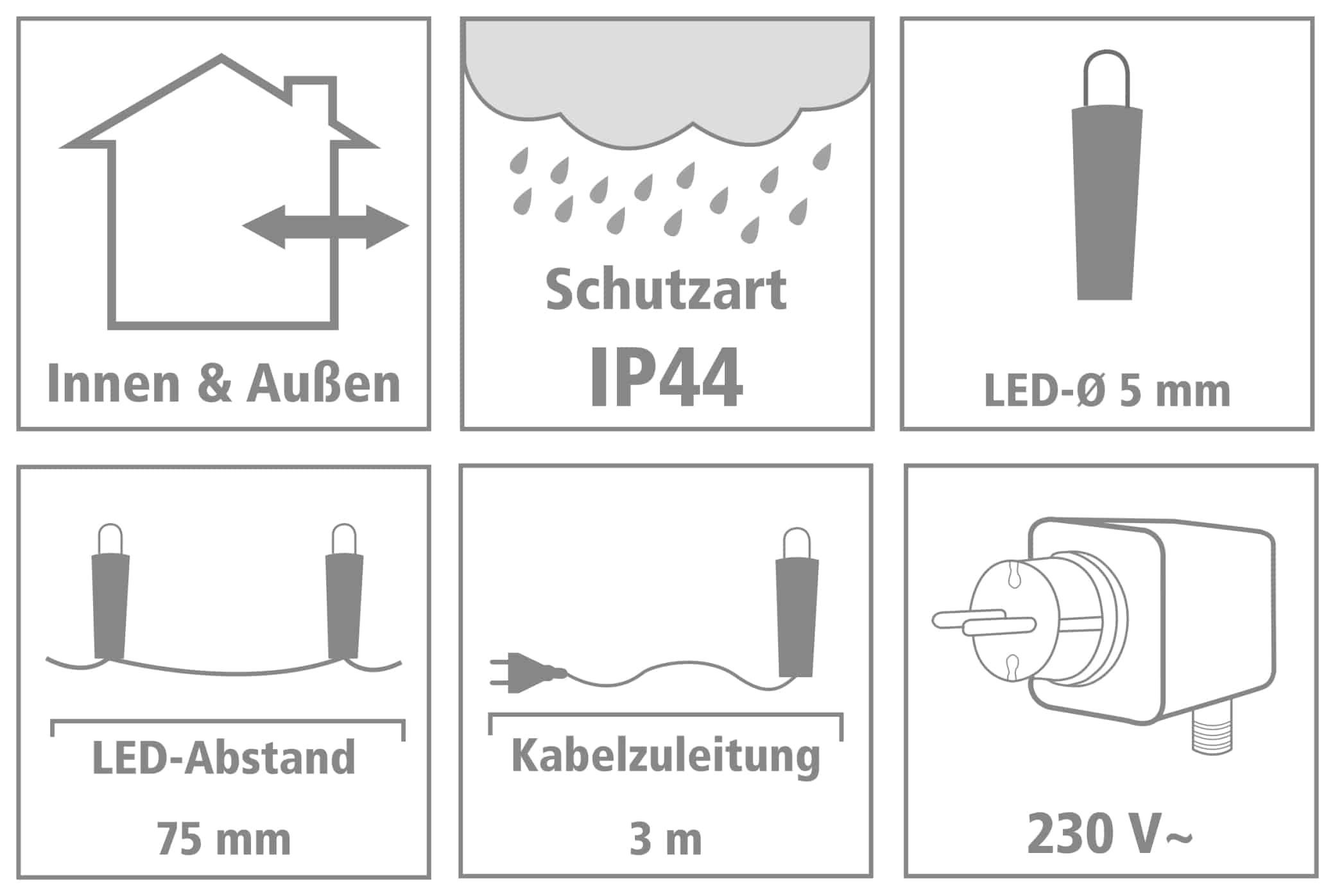 LED-Lichterkette, 40 LEDs, warmweiß, 230V~, IP44, Innen/Außen, Kabelfarbe silber/transparent LED-Lichterkette, 40 LEDs, warmweiß, 230V~, IP44, Innen/Außen, Kabelfarbe silber/transparent