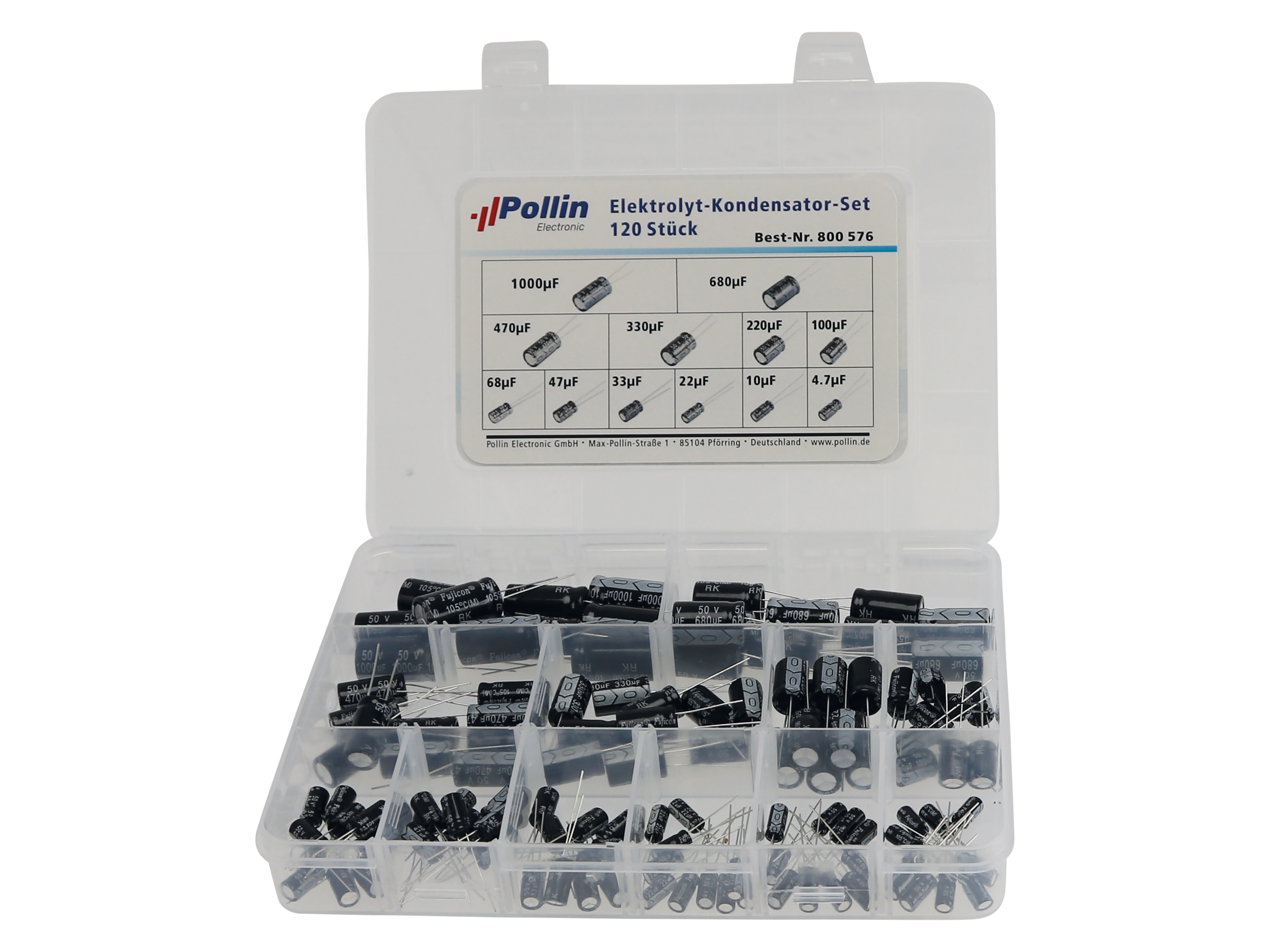 Sortiment Elektrolyt-Kondensatoren, 50 V DC, 120 teilig, 12 Werte, je 10 Stk.