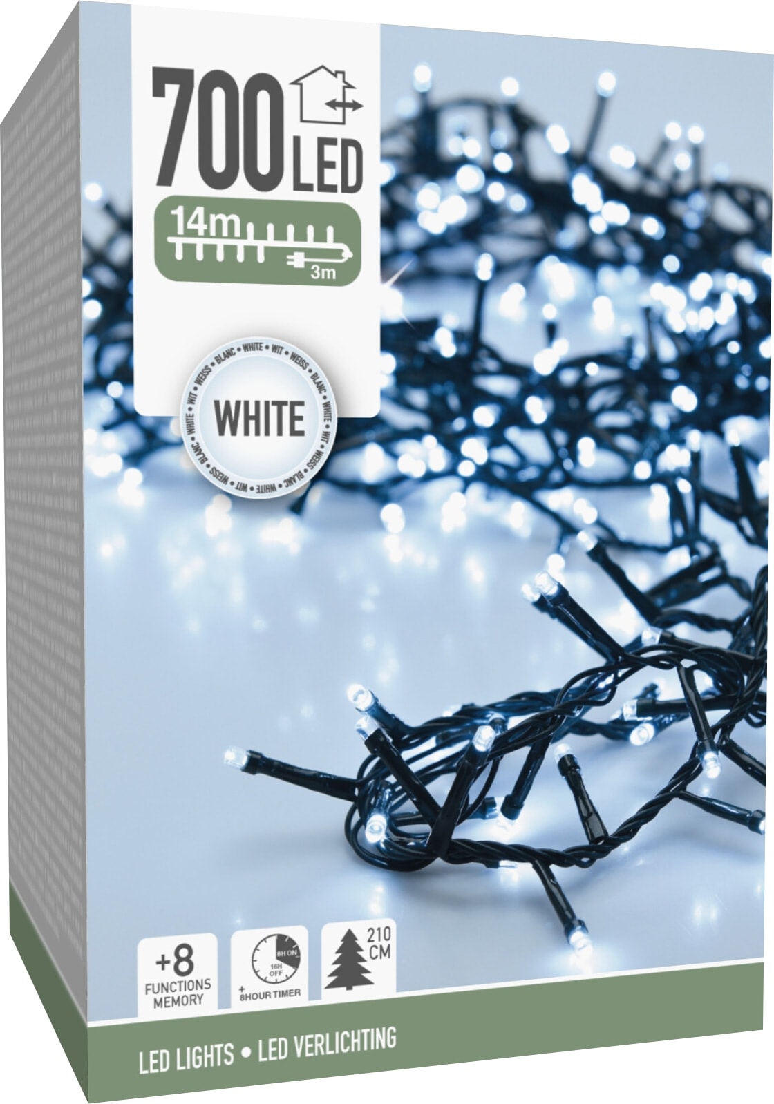 LED-Clusterlichterkette, 700 LEDs, kaltweiß, 230 V~, grün, Innen/Außen, 17 m, Timer LED-Clusterlichterkette kaltweiß, 700 LEDs, grünes Kabel, Innen/Außen, 14m