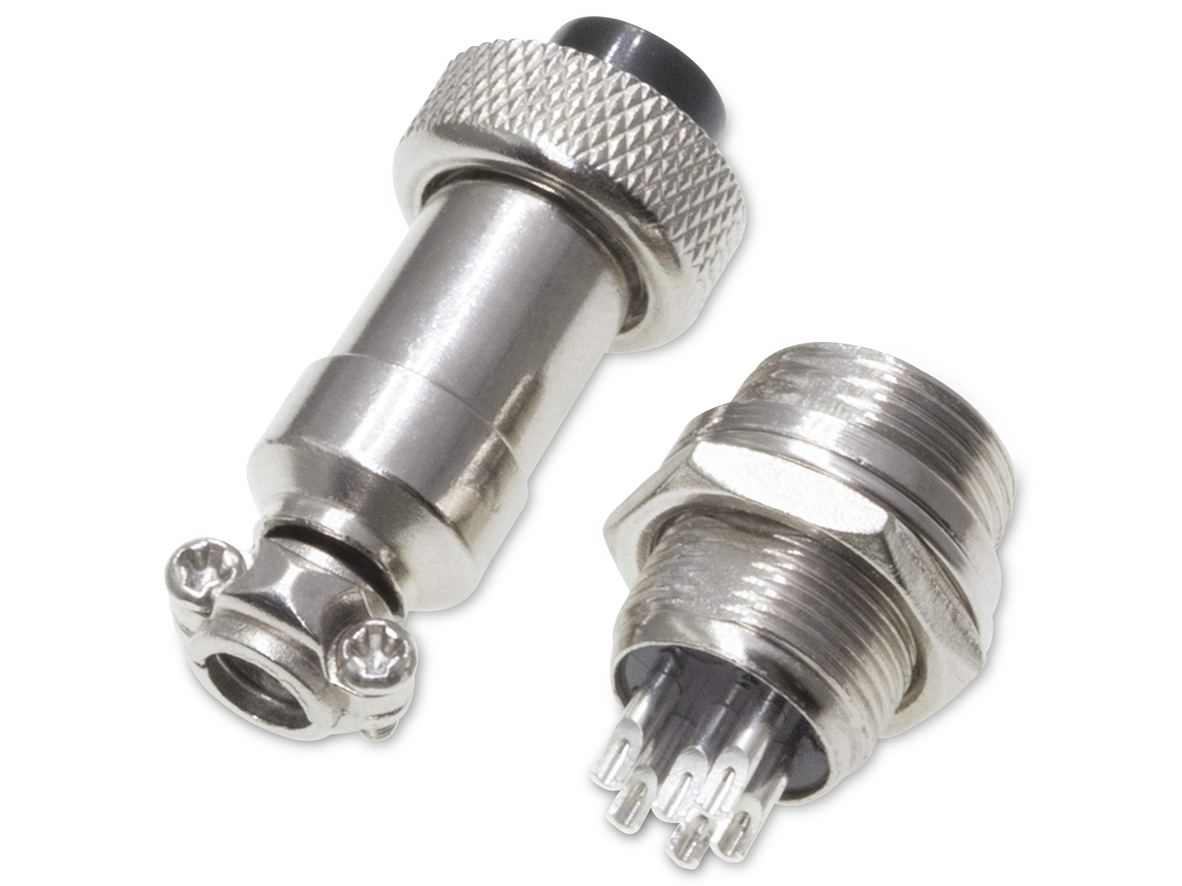 Rundsteckverbinder, 6-polig, 48V, 1A, Lötanschluss, IP55, wire to panel, 1 Stecker + 1 Buchse Rundsteckverbinder, 6-polig, 48V, 1A, Lötanschluss, IP55, wire to panel, 1 Stecker + 1 Buchse