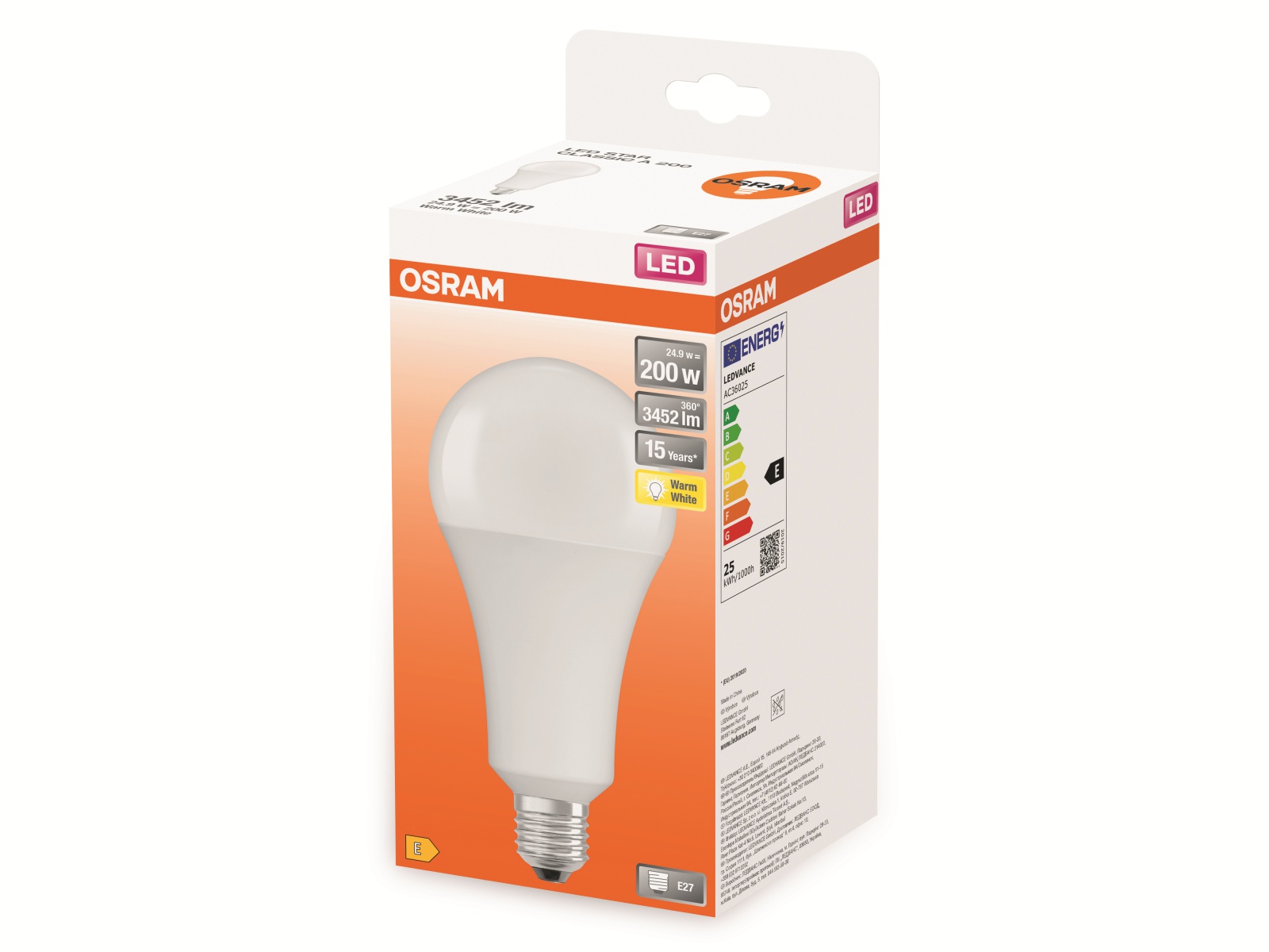 OSRAM LED-Lampe, CLA200, E27, EEK: E, 24,9W, 3452lm, 2700K